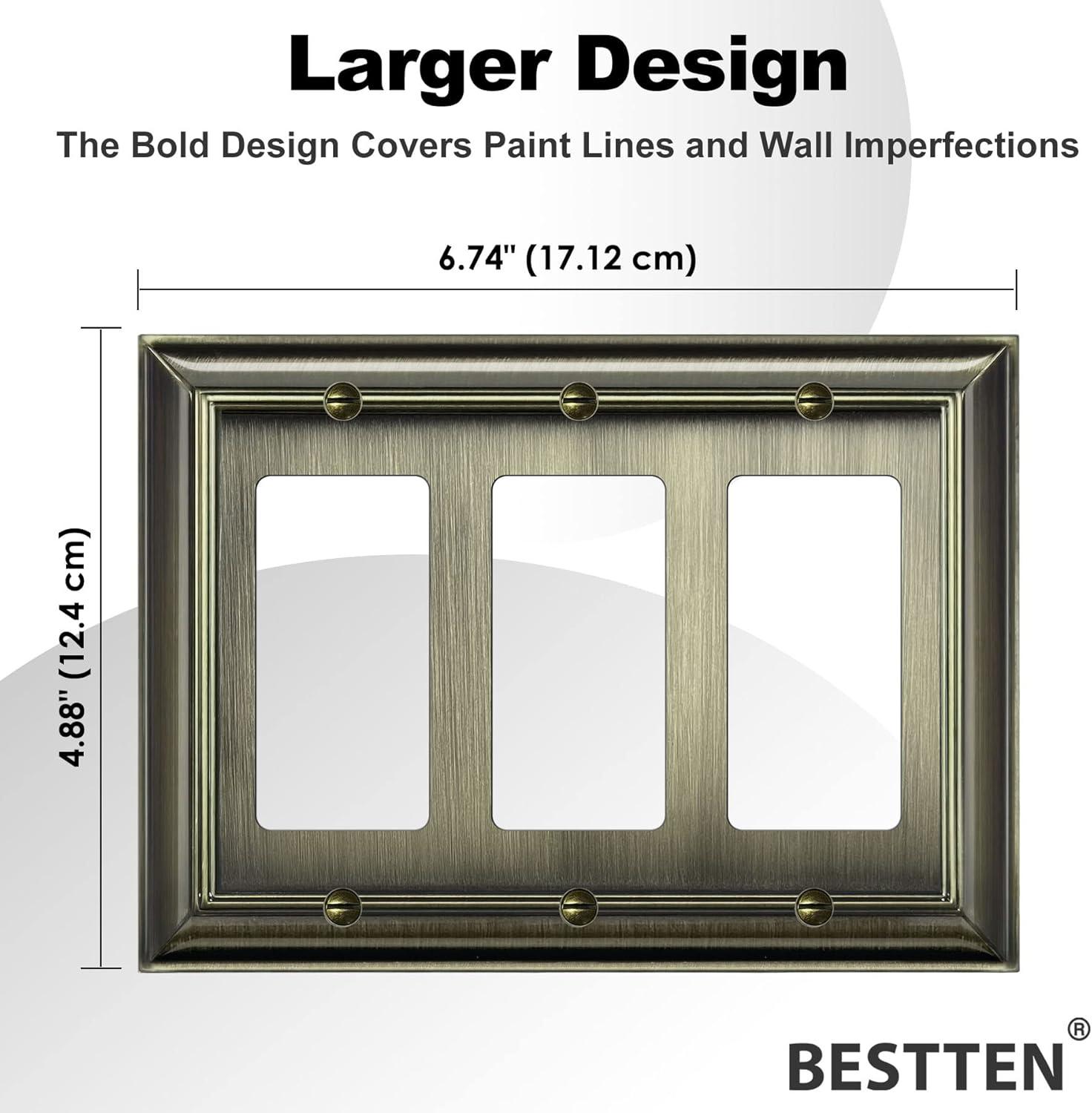 imageBESTTEN 4 Gang Zinc Alloy Aged Brass Metal Decor Wall Plate Grand Collection Decorator Antique Brass Outlet Cover for Switch or Receptacle Durable Corrosion ResistantAntique Brass