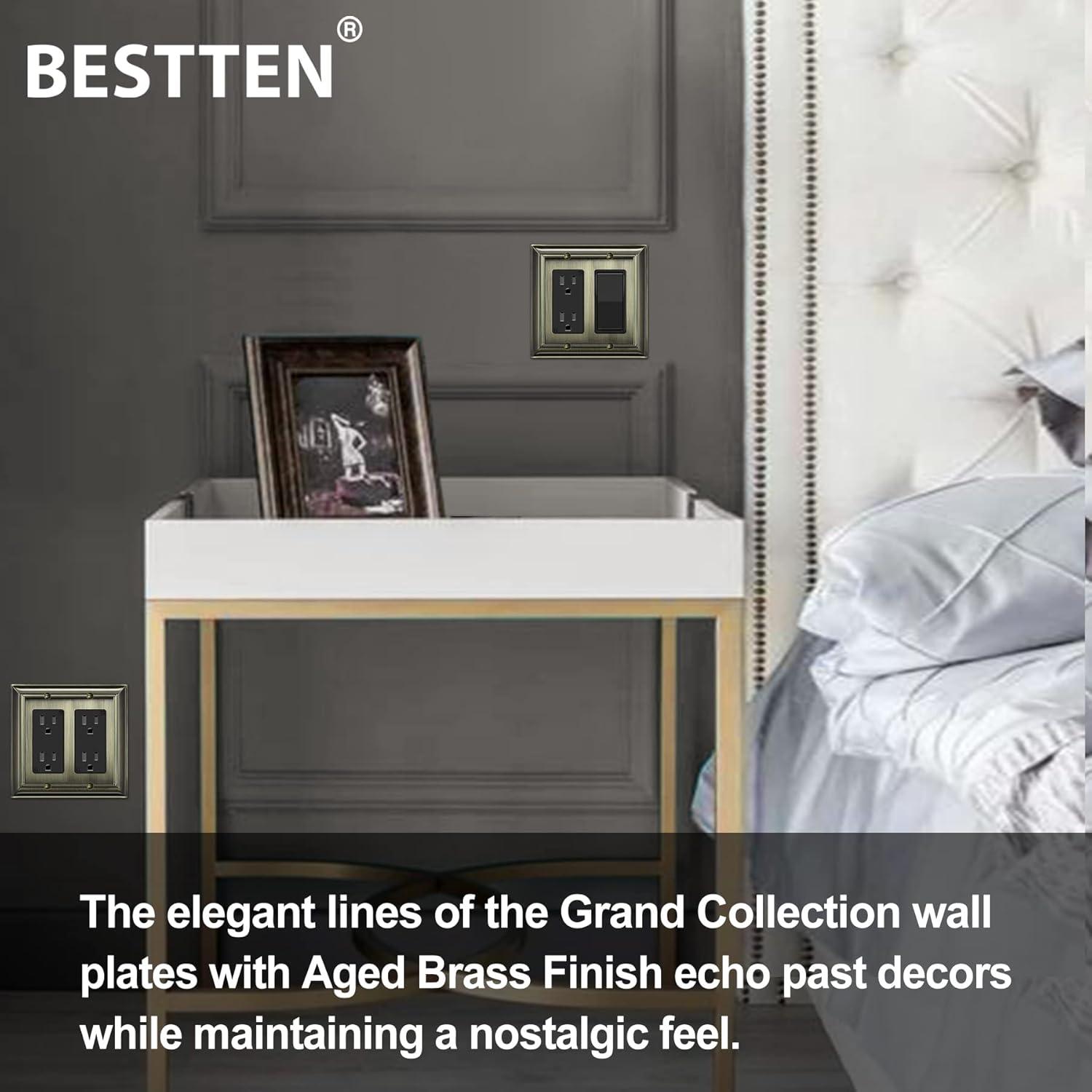 imageBESTTEN 4 Gang Zinc Alloy Aged Brass Metal Decor Wall Plate Grand Collection Decorator Antique Brass Outlet Cover for Switch or Receptacle Durable Corrosion ResistantAntique Brass