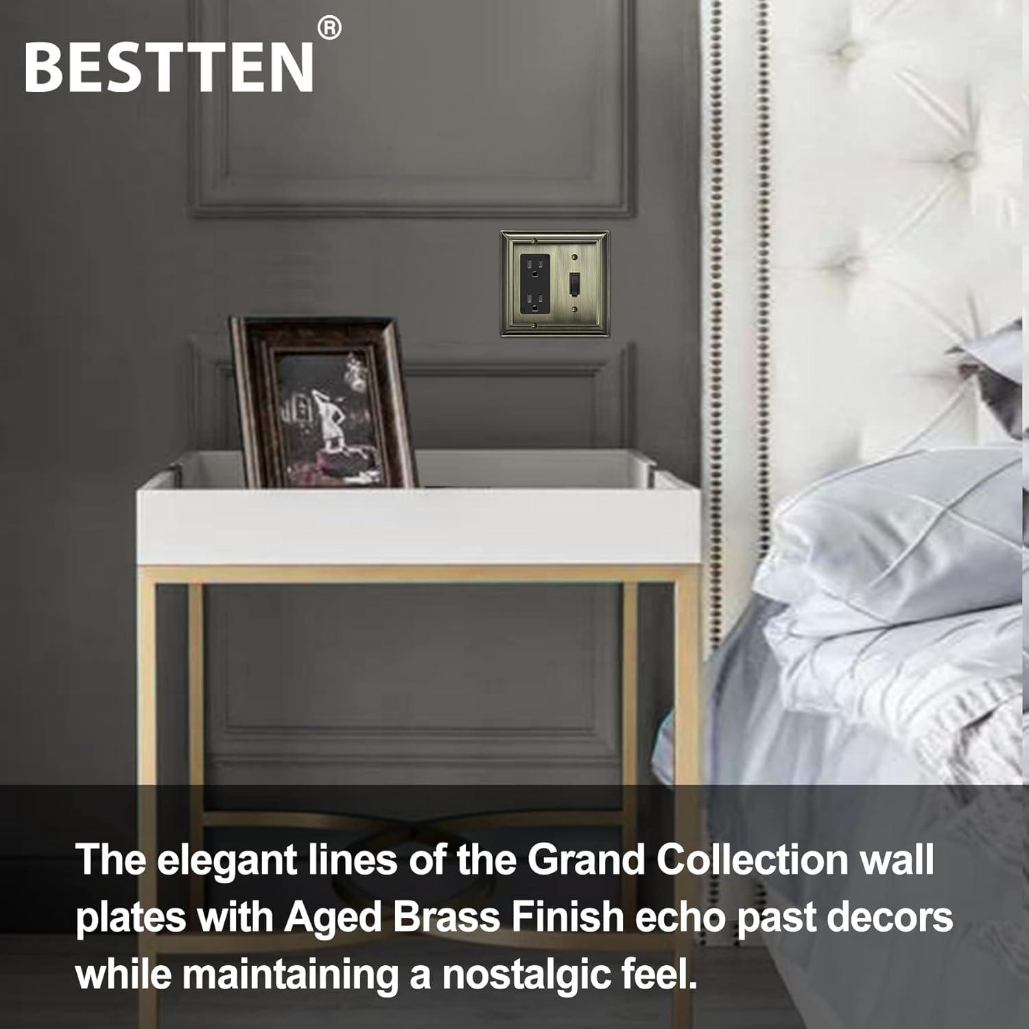 imageBESTTEN 4 Gang Zinc Alloy Aged Brass Metal Decor Wall Plate Grand Collection Decorator Antique Brass Outlet Cover for Switch or Receptacle Durable Corrosion ResistantAntique Brass
