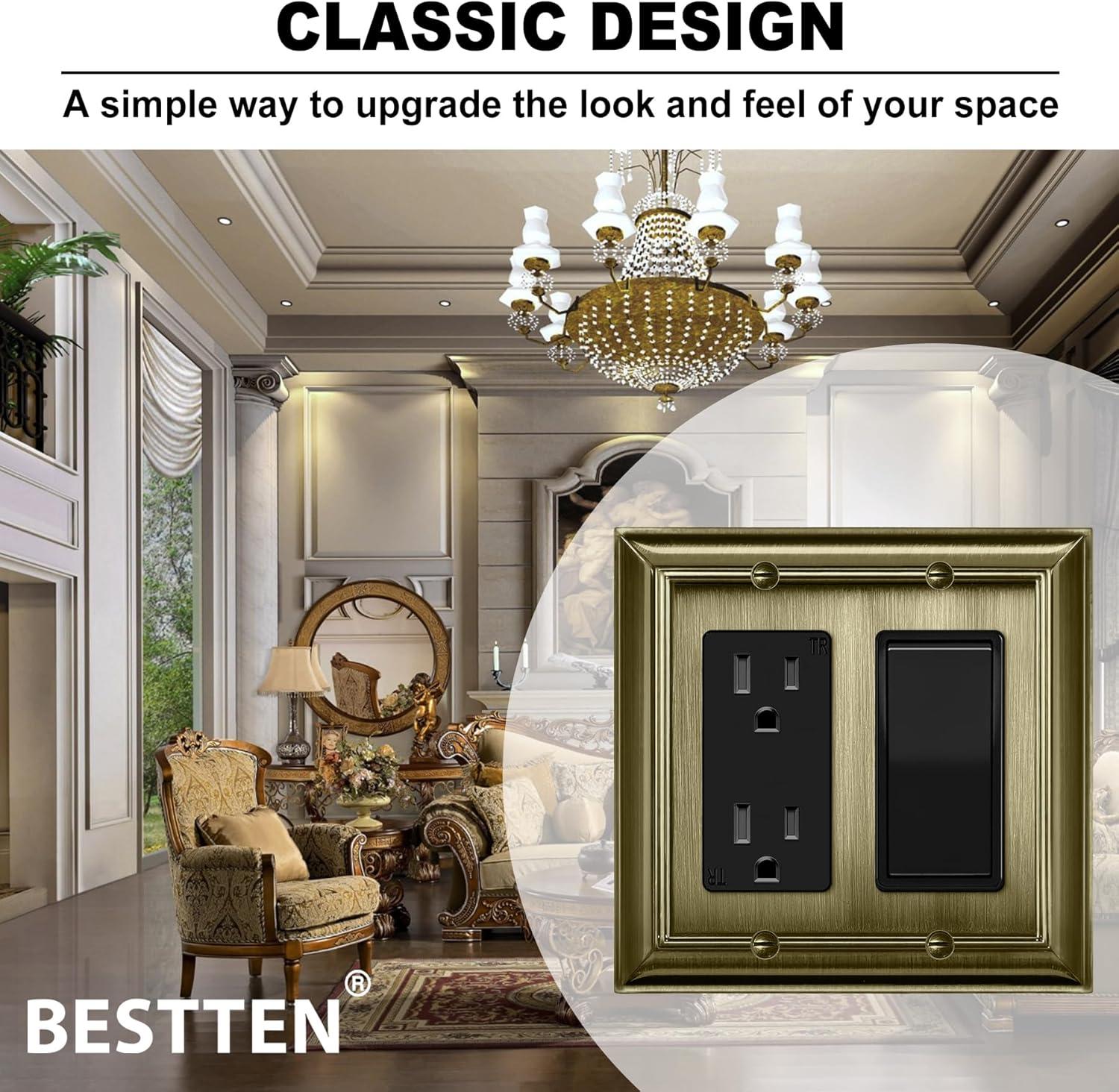 imageBESTTEN 4 Gang Zinc Alloy Aged Brass Metal Decor Wall Plate Grand Collection Decorator Antique Brass Outlet Cover for Switch or Receptacle Durable Corrosion ResistantAntique Brass