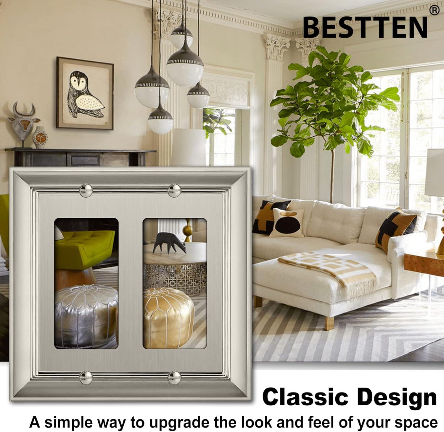 imageBESTTEN 4 Gang Zinc Alloy Aged Brass Metal Decor Wall Plate Grand Collection Decorator Antique Brass Outlet Cover for Switch or Receptacle Durable Corrosion ResistantSatin Nickel