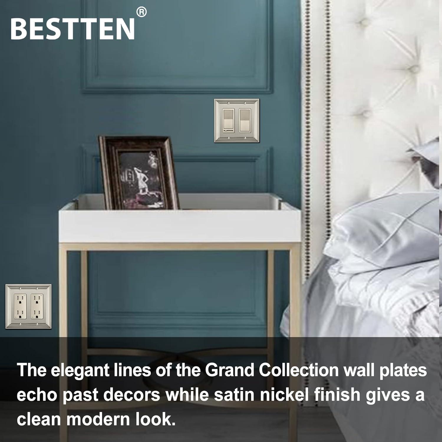 imageBESTTEN 4 Gang Zinc Alloy Aged Brass Metal Decor Wall Plate Grand Collection Decorator Antique Brass Outlet Cover for Switch or Receptacle Durable Corrosion ResistantSatin Nickel