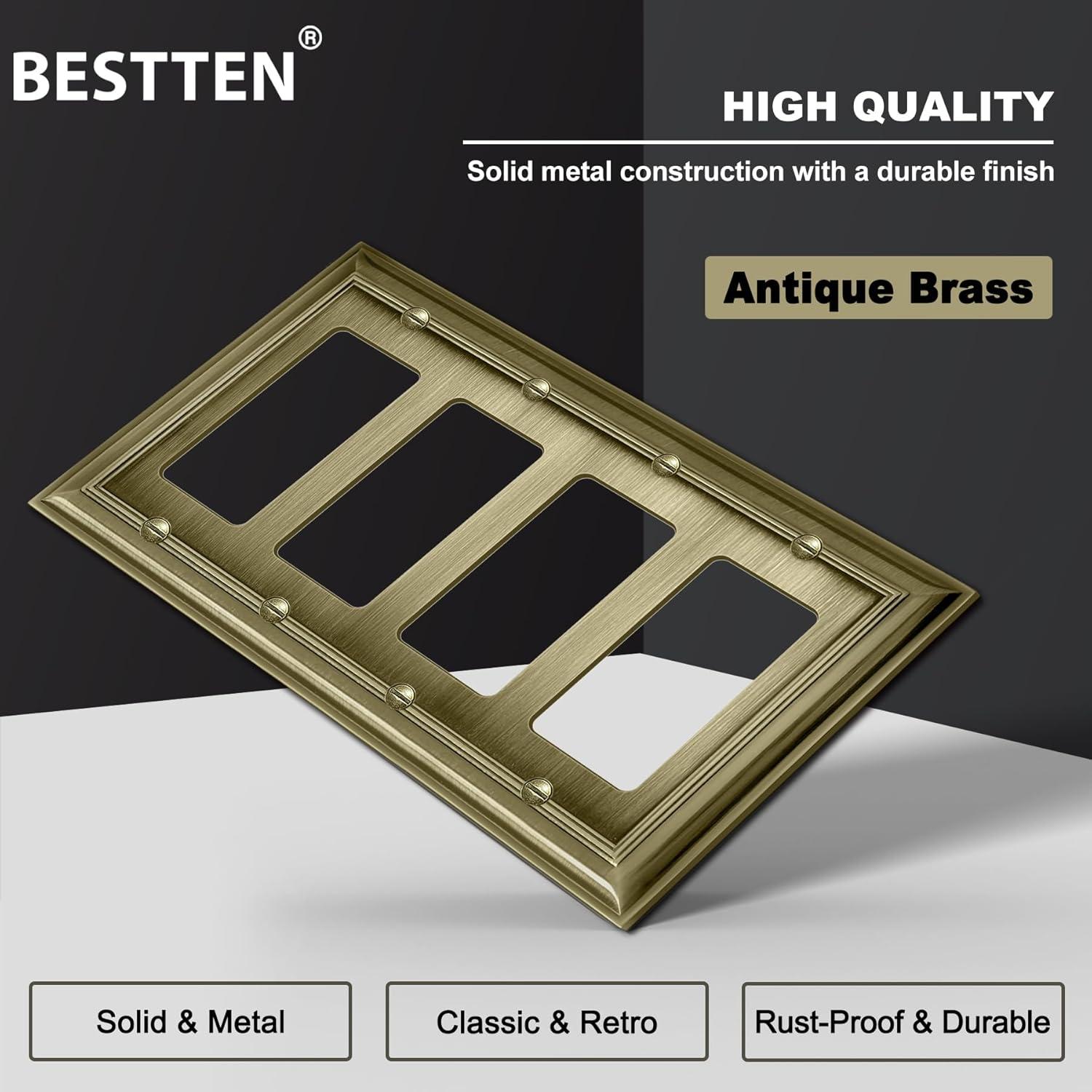 imageBESTTEN 4 Gang Zinc Alloy Aged Brass Metal Decor Wall Plate Grand Collection Decorator Antique Brass Outlet Cover for Switch or Receptacle Durable Corrosion ResistantAntique Brass