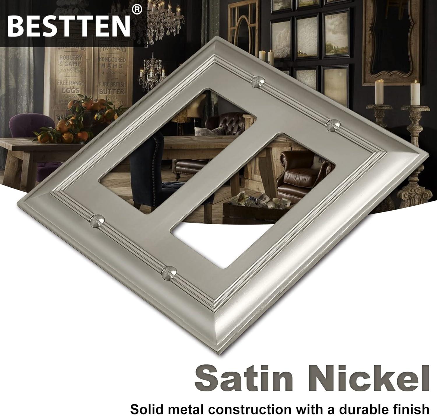 imageBESTTEN 4 Gang Zinc Alloy Aged Brass Metal Decor Wall Plate Grand Collection Decorator Antique Brass Outlet Cover for Switch or Receptacle Durable Corrosion ResistantSatin Nickel