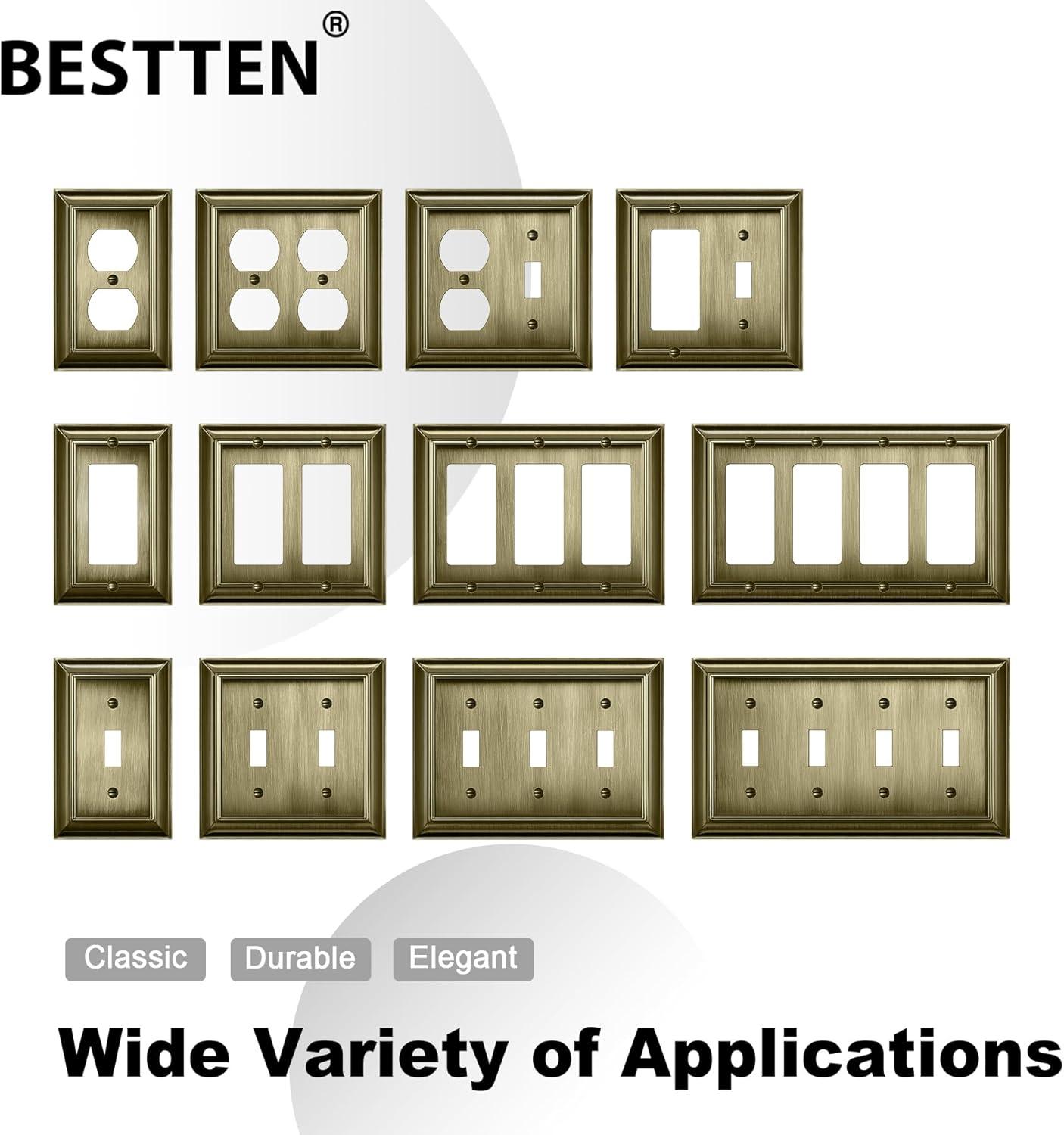 imageBESTTEN 4 Gang Zinc Alloy Aged Brass Metal Decor Wall Plate Grand Collection Decorator Antique Brass Outlet Cover for Switch or Receptacle Durable Corrosion ResistantAntique Brass