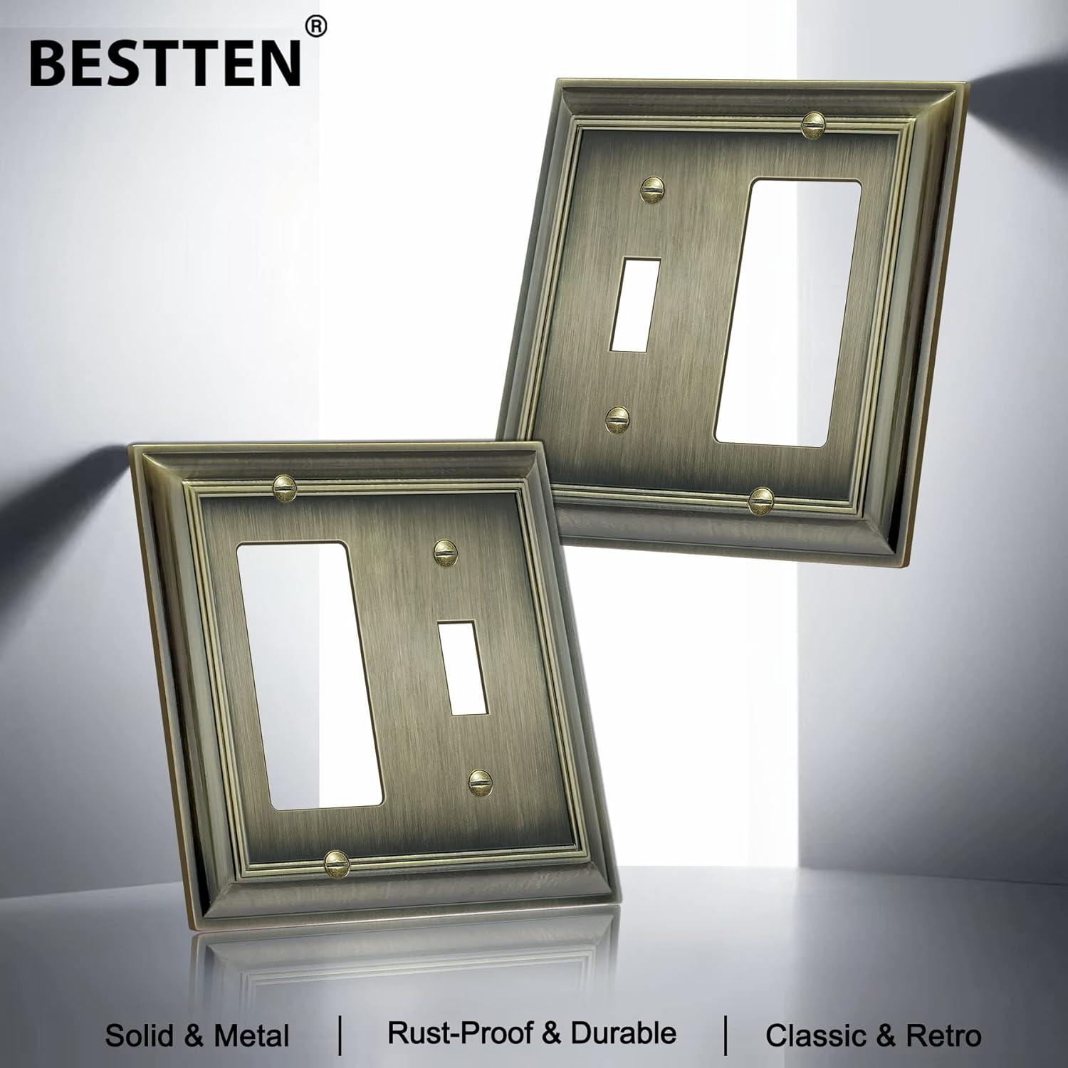 imageBESTTEN 4 Gang Zinc Alloy Aged Brass Metal Decor Wall Plate Grand Collection Decorator Antique Brass Outlet Cover for Switch or Receptacle Durable Corrosion ResistantAntique Brass