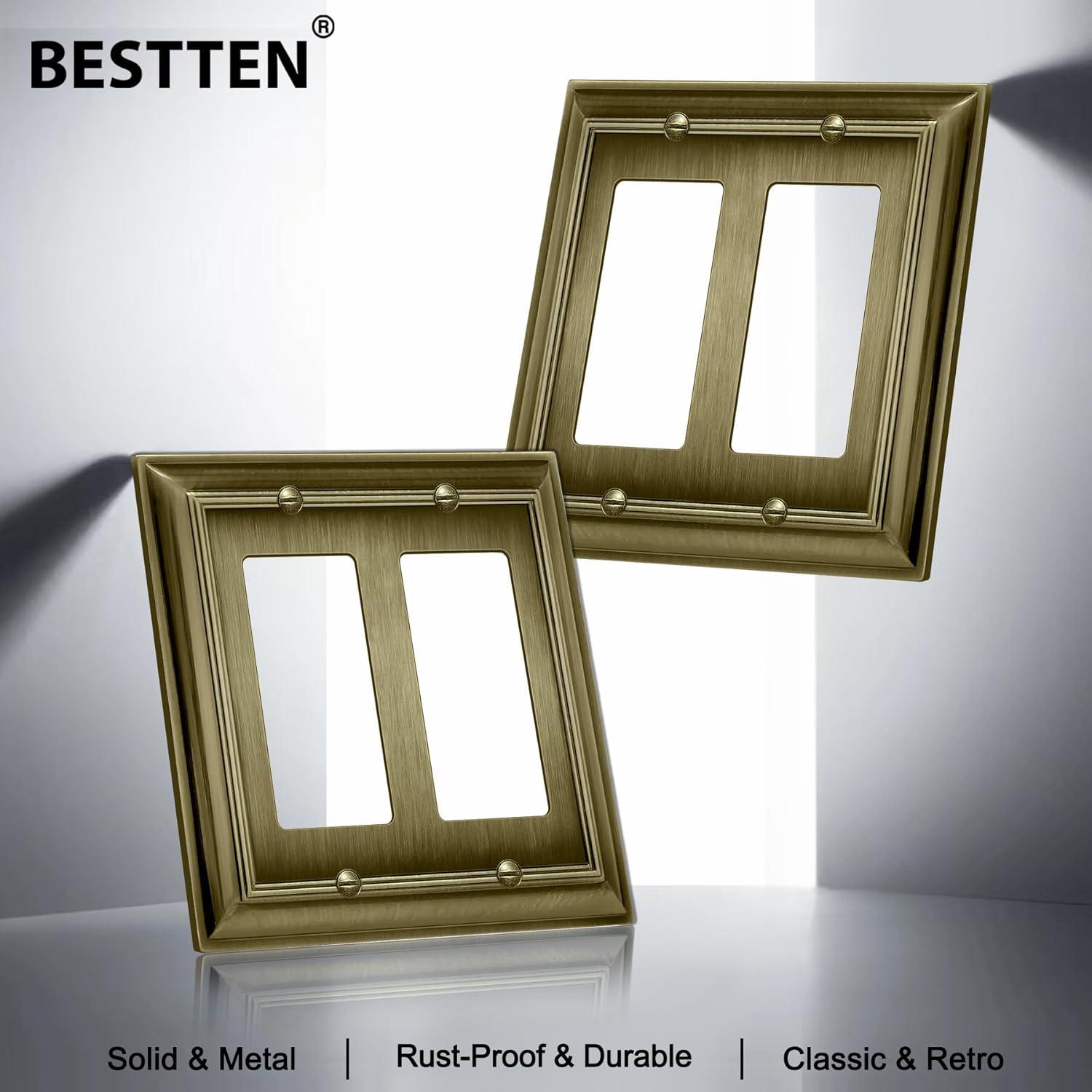 imageBESTTEN 4 Gang Zinc Alloy Aged Brass Metal Decor Wall Plate Grand Collection Decorator Antique Brass Outlet Cover for Switch or Receptacle Durable Corrosion ResistantAntique Brass