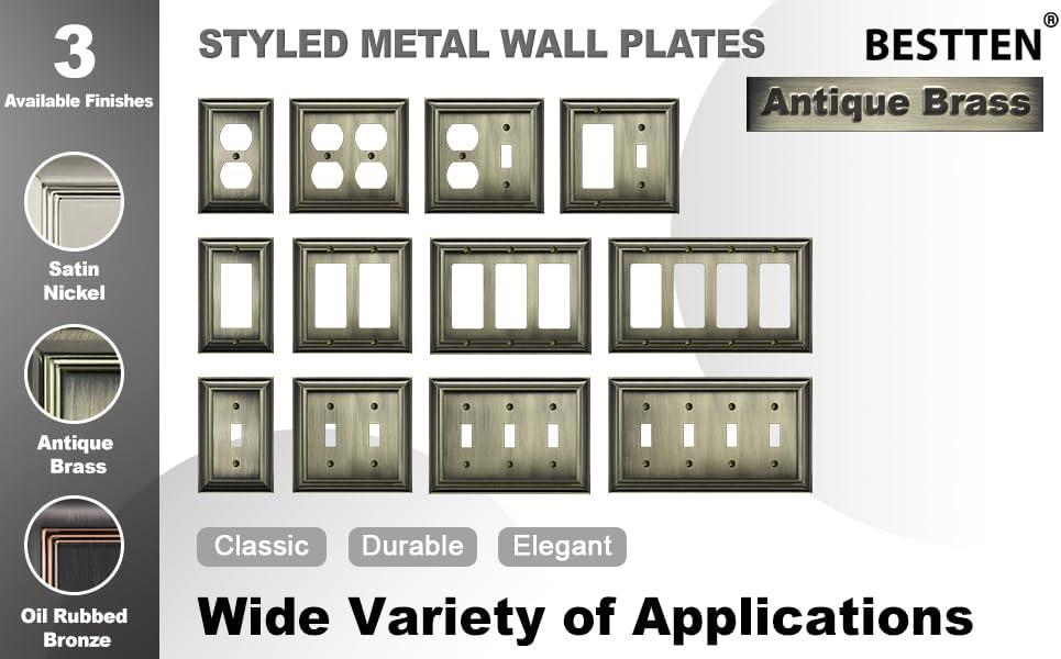 imageBESTTEN 4 Gang Zinc Alloy Aged Brass Metal Decor Wall Plate Grand Collection Decorator Antique Brass Outlet Cover for Switch or Receptacle Durable Corrosion ResistantAntique Brass
