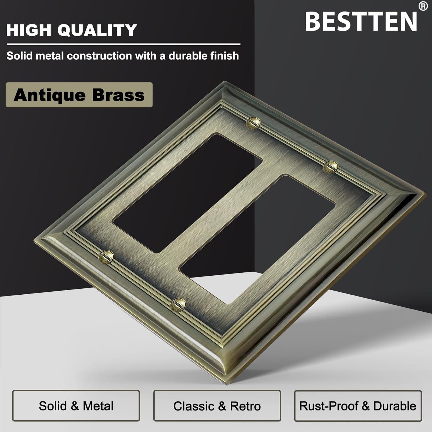 imageBESTTEN 4 Gang Zinc Alloy Aged Brass Metal Decor Wall Plate Grand Collection Decorator Antique Brass Outlet Cover for Switch or Receptacle Durable Corrosion ResistantAntique Brass