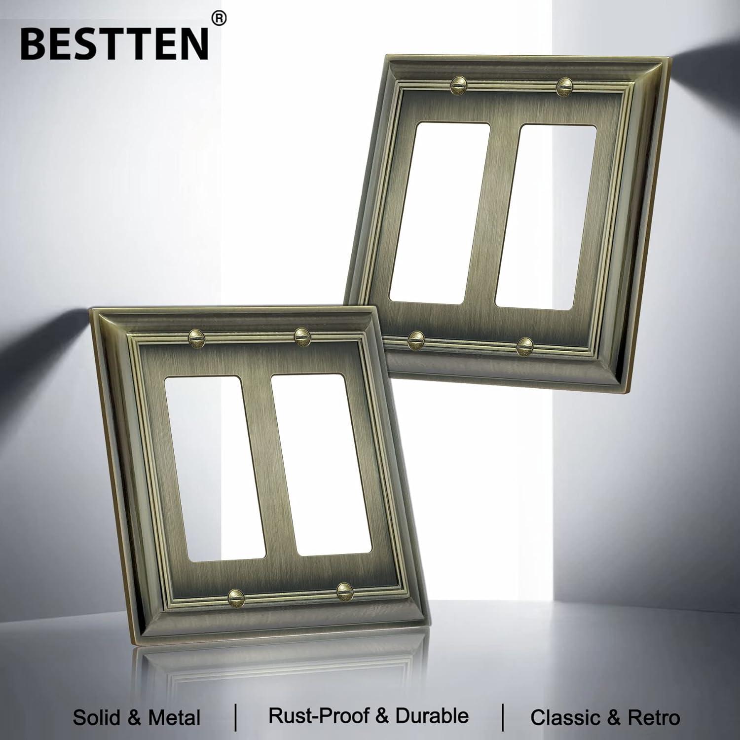 imageBESTTEN 4 Gang Zinc Alloy Aged Brass Metal Decor Wall Plate Grand Collection Decorator Antique Brass Outlet Cover for Switch or Receptacle Durable Corrosion ResistantAntique Brass