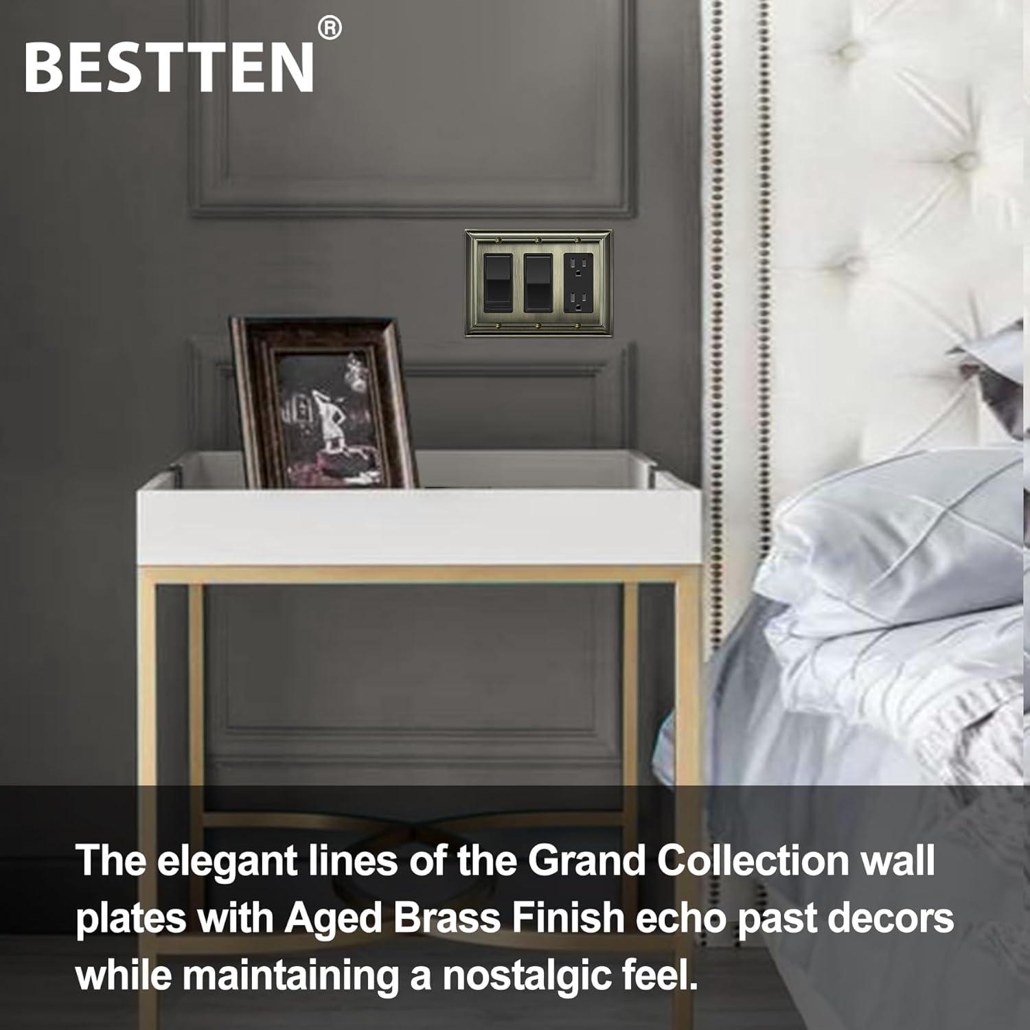 imageBESTTEN 4 Gang Zinc Alloy Aged Brass Metal Decor Wall Plate Grand Collection Decorator Antique Brass Outlet Cover for Switch or Receptacle Durable Corrosion ResistantAntique Brass