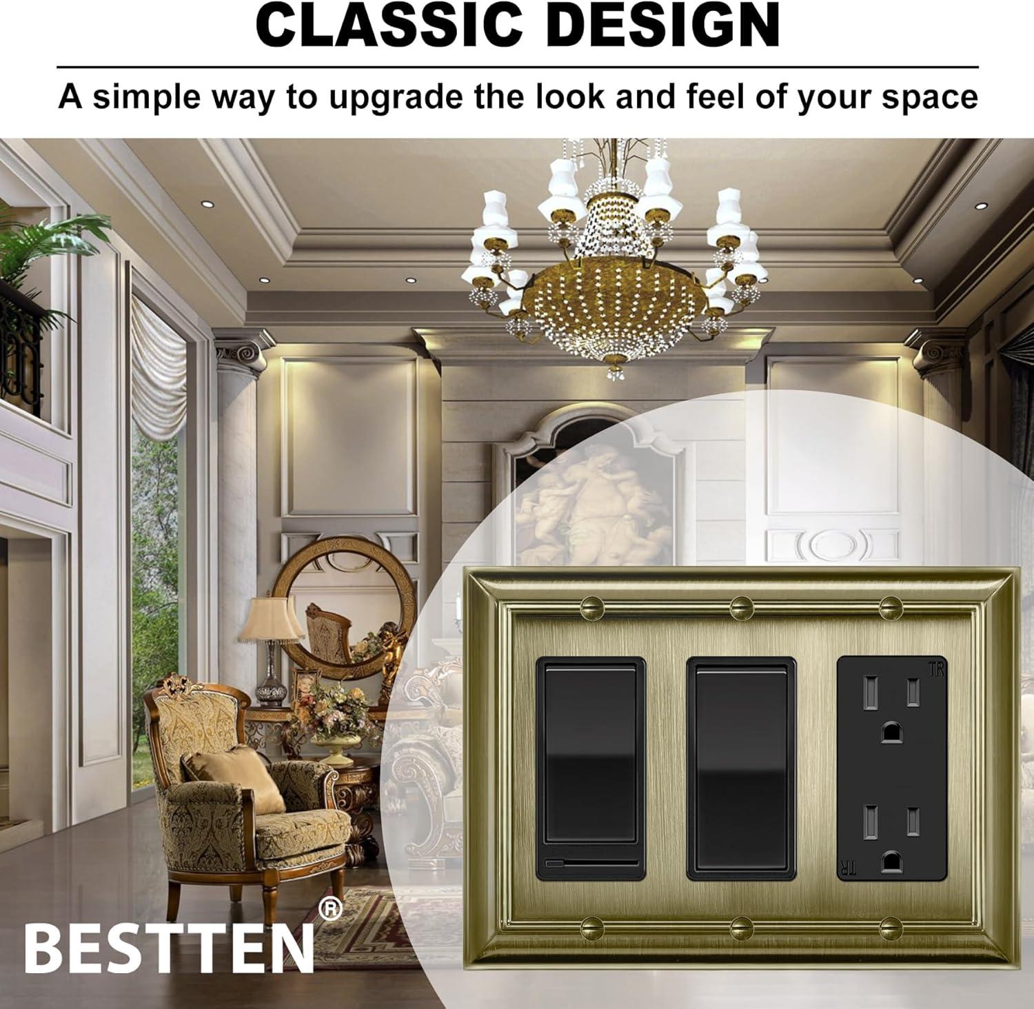 imageBESTTEN 4 Gang Zinc Alloy Aged Brass Metal Decor Wall Plate Grand Collection Decorator Antique Brass Outlet Cover for Switch or Receptacle Durable Corrosion ResistantAntique Brass