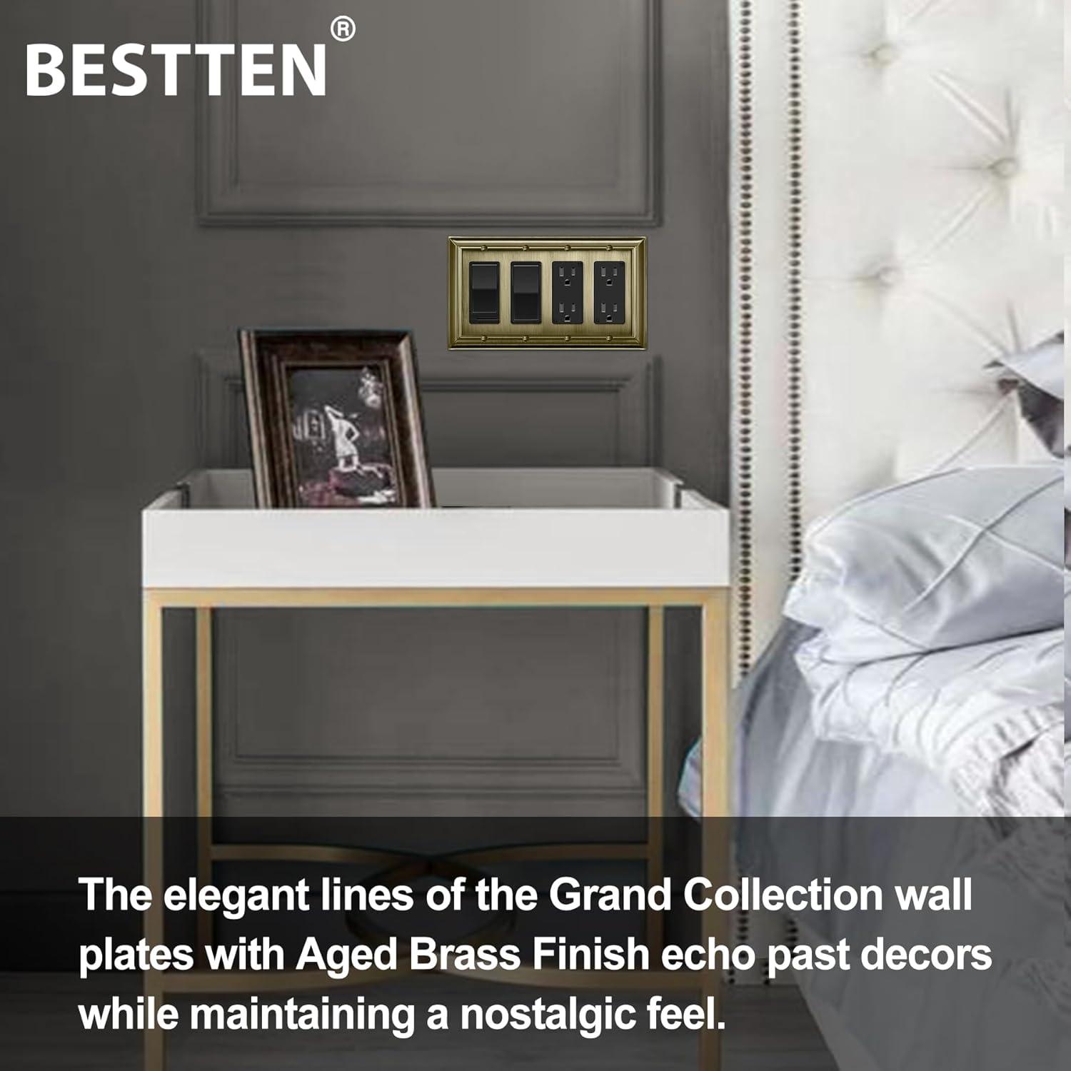 imageBESTTEN 4 Gang Zinc Alloy Aged Brass Metal Decor Wall Plate Grand Collection Decorator Antique Brass Outlet Cover for Switch or Receptacle Durable Corrosion ResistantAntique Brass