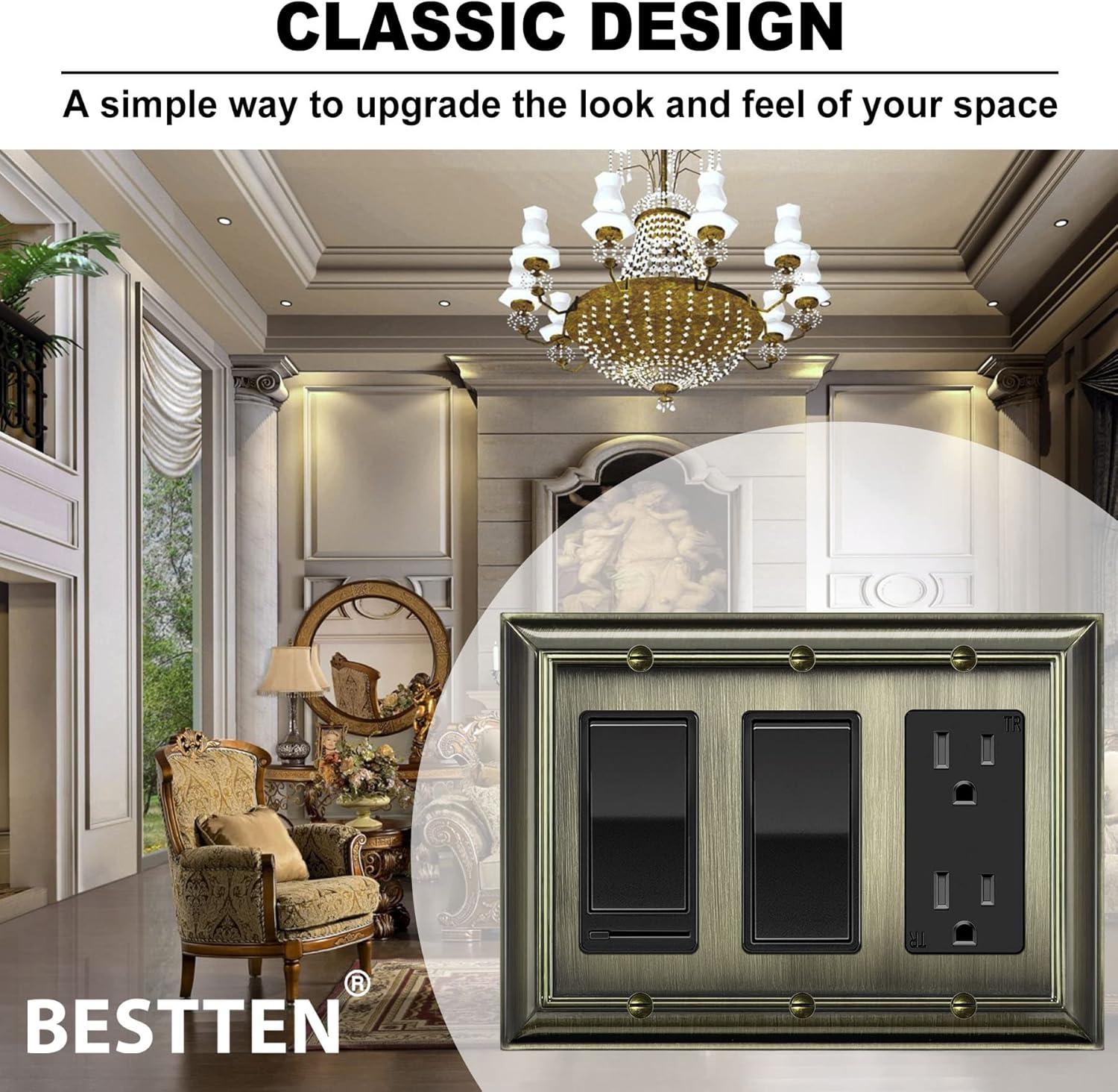 imageBESTTEN 4 Gang Zinc Alloy Aged Brass Metal Decor Wall Plate Grand Collection Decorator Antique Brass Outlet Cover for Switch or Receptacle Durable Corrosion ResistantAntique Brass