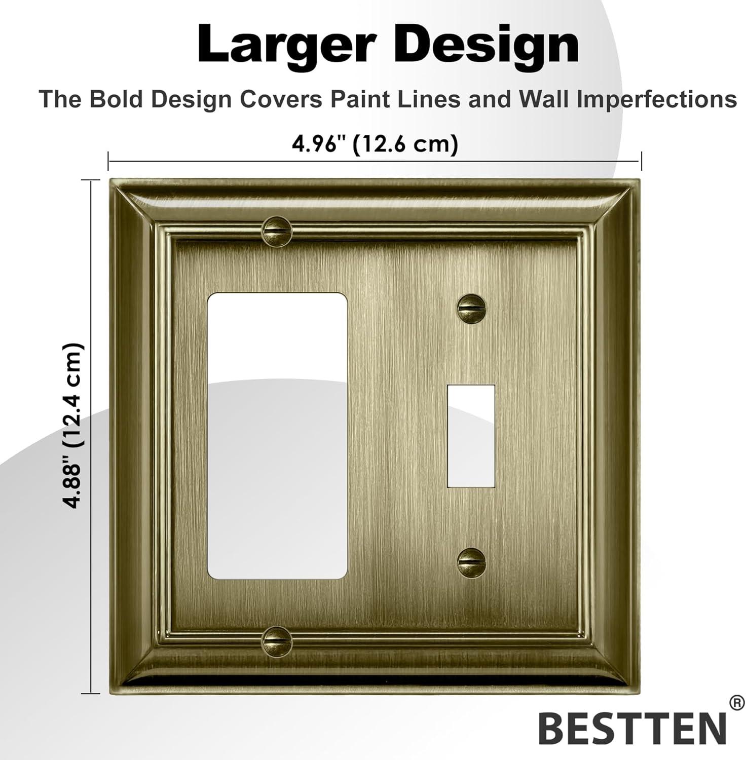 imageBESTTEN 4 Gang Zinc Alloy Aged Brass Metal Decor Wall Plate Grand Collection Decorator Antique Brass Outlet Cover for Switch or Receptacle Durable Corrosion ResistantAntique Brass