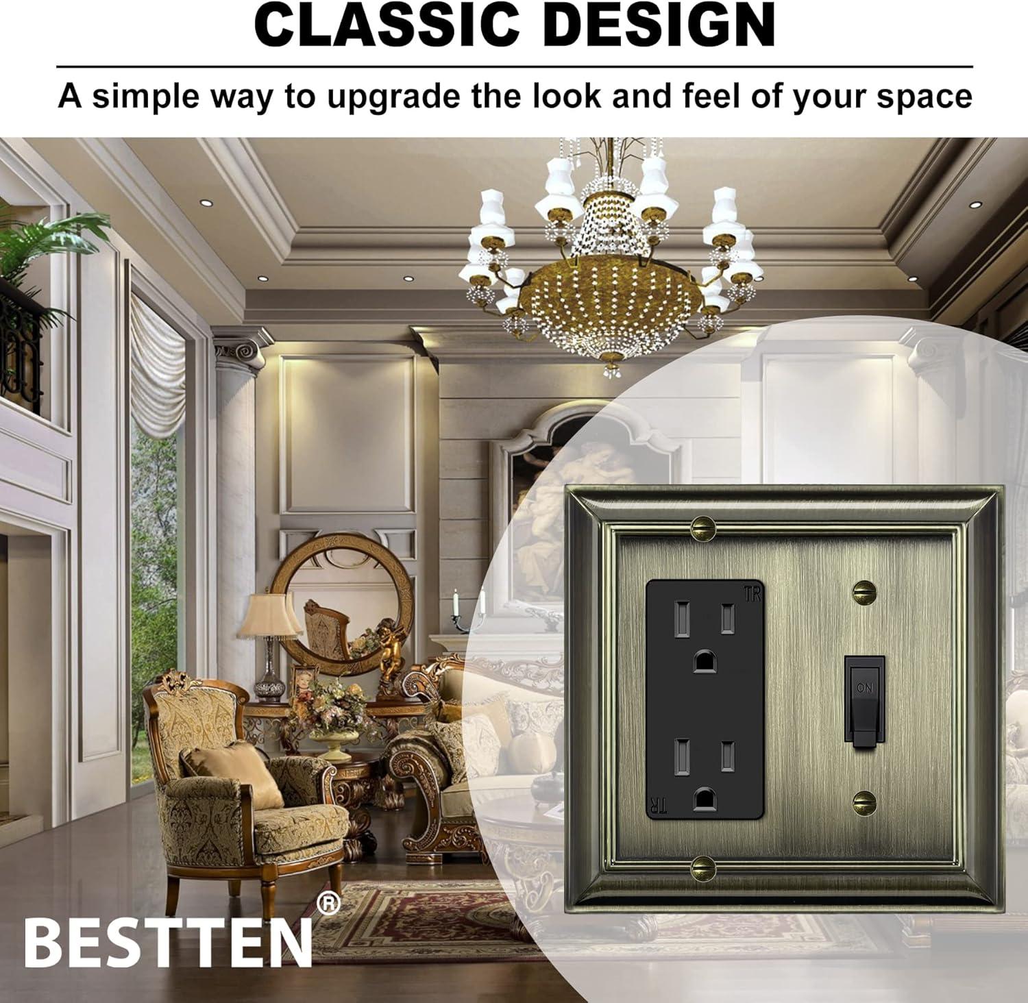 imageBESTTEN 4 Gang Zinc Alloy Aged Brass Metal Decor Wall Plate Grand Collection Decorator Antique Brass Outlet Cover for Switch or Receptacle Durable Corrosion ResistantAntique Brass