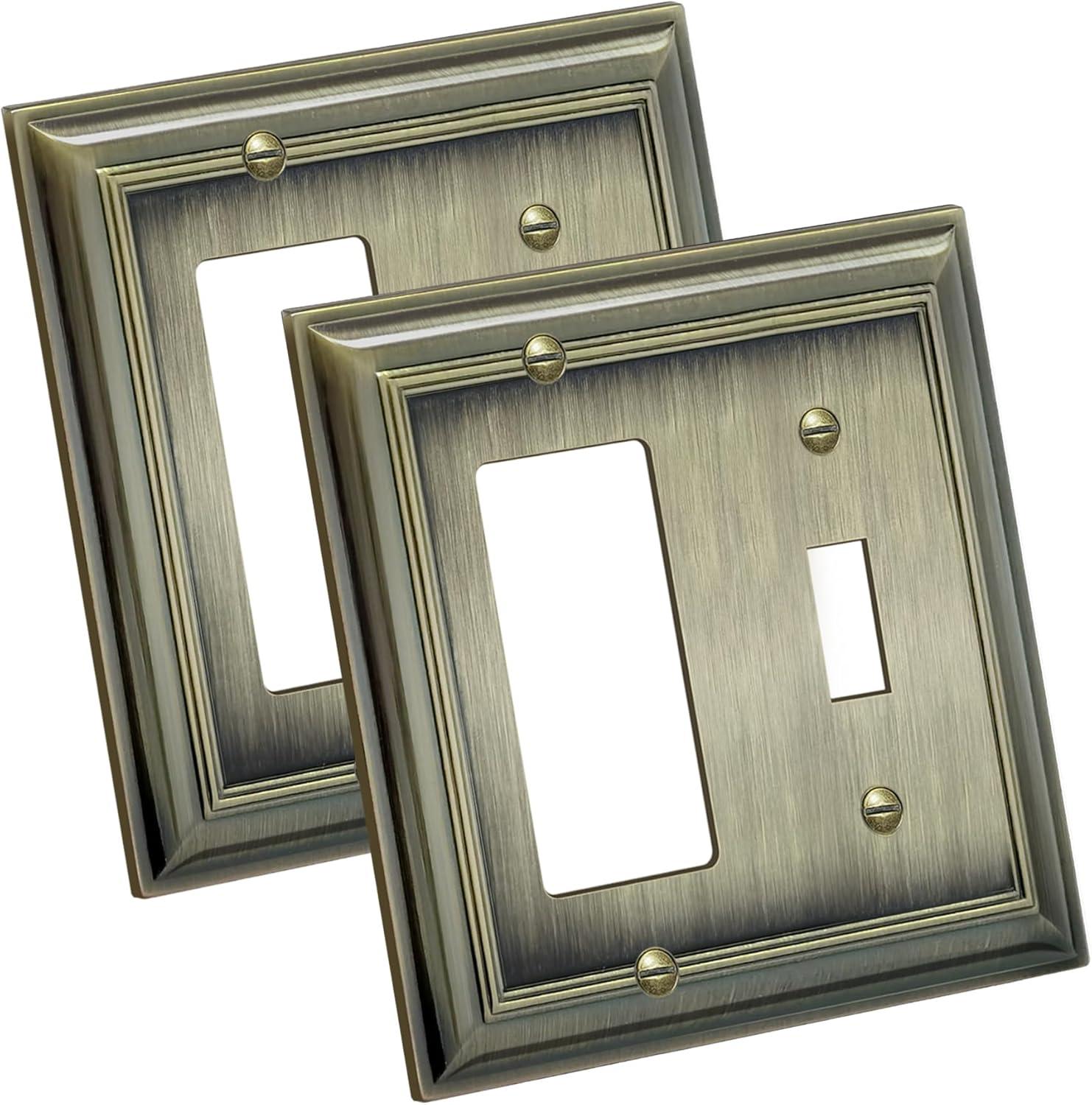 imageBESTTEN 4 Gang Zinc Alloy Aged Brass Metal Decor Wall Plate Grand Collection Decorator Antique Brass Outlet Cover for Switch or Receptacle Durable Corrosion ResistantAntique Brass