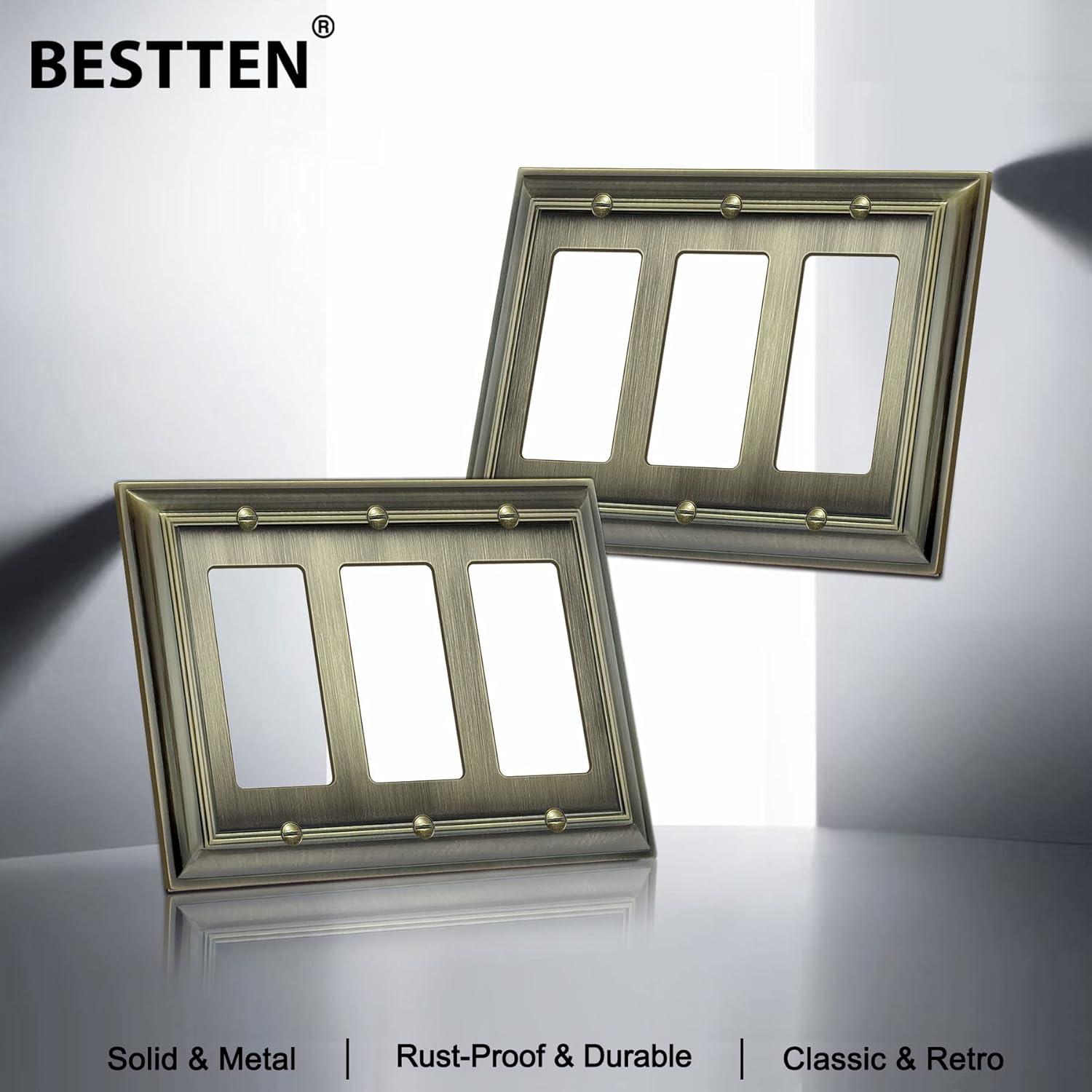 imageBESTTEN 4 Gang Zinc Alloy Aged Brass Metal Decor Wall Plate Grand Collection Decorator Antique Brass Outlet Cover for Switch or Receptacle Durable Corrosion ResistantAntique Brass