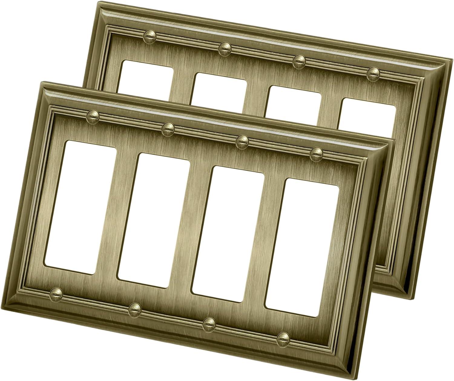 imageBESTTEN 4 Gang Zinc Alloy Aged Brass Metal Decor Wall Plate Grand Collection Decorator Antique Brass Outlet Cover for Switch or Receptacle Durable Corrosion ResistantAntique Brass