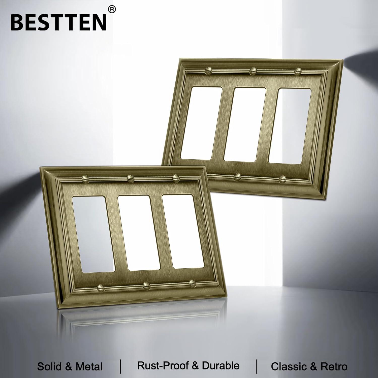 imageBESTTEN 4 Gang Zinc Alloy Aged Brass Metal Decor Wall Plate Grand Collection Decorator Antique Brass Outlet Cover for Switch or Receptacle Durable Corrosion ResistantAntique Brass