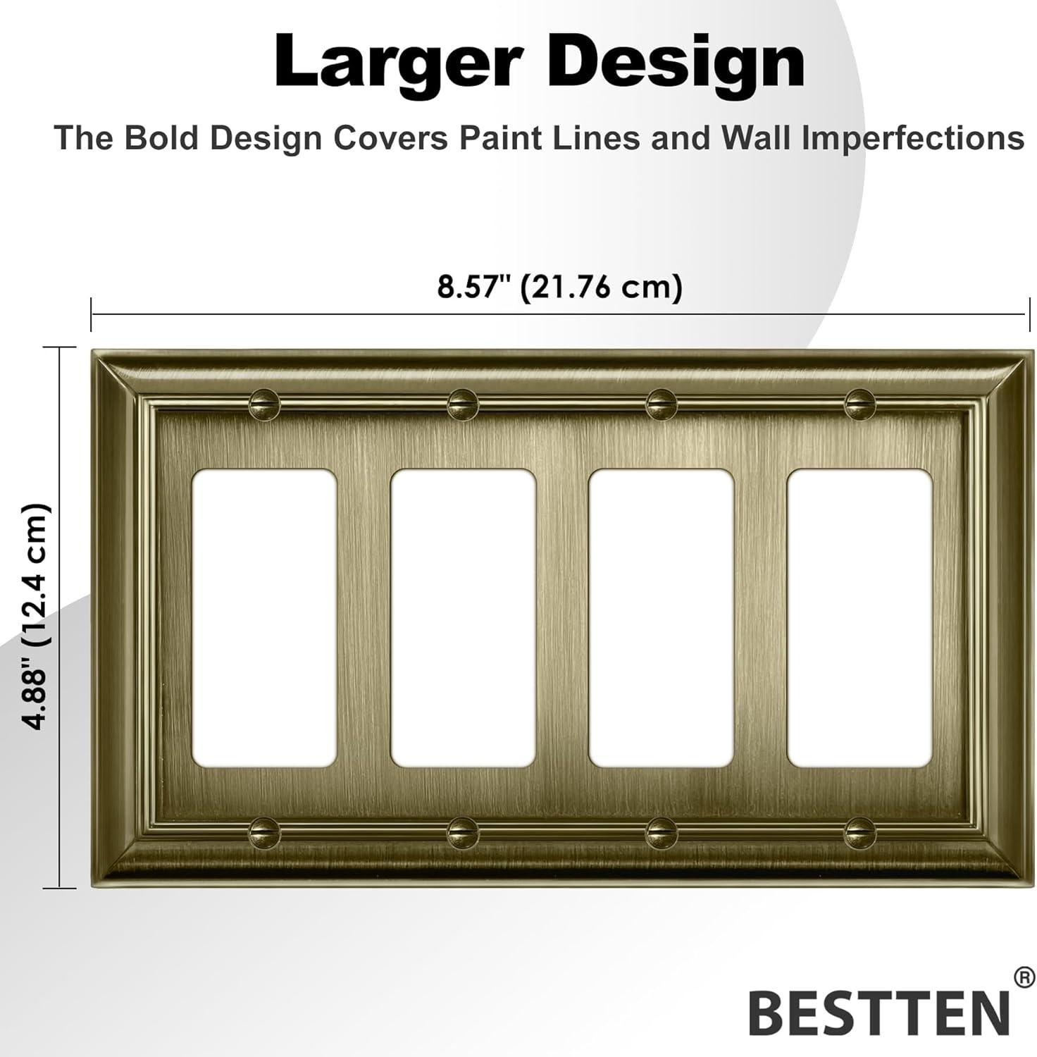 imageBESTTEN 4 Gang Zinc Alloy Aged Brass Metal Decor Wall Plate Grand Collection Decorator Antique Brass Outlet Cover for Switch or Receptacle Durable Corrosion ResistantAntique Brass