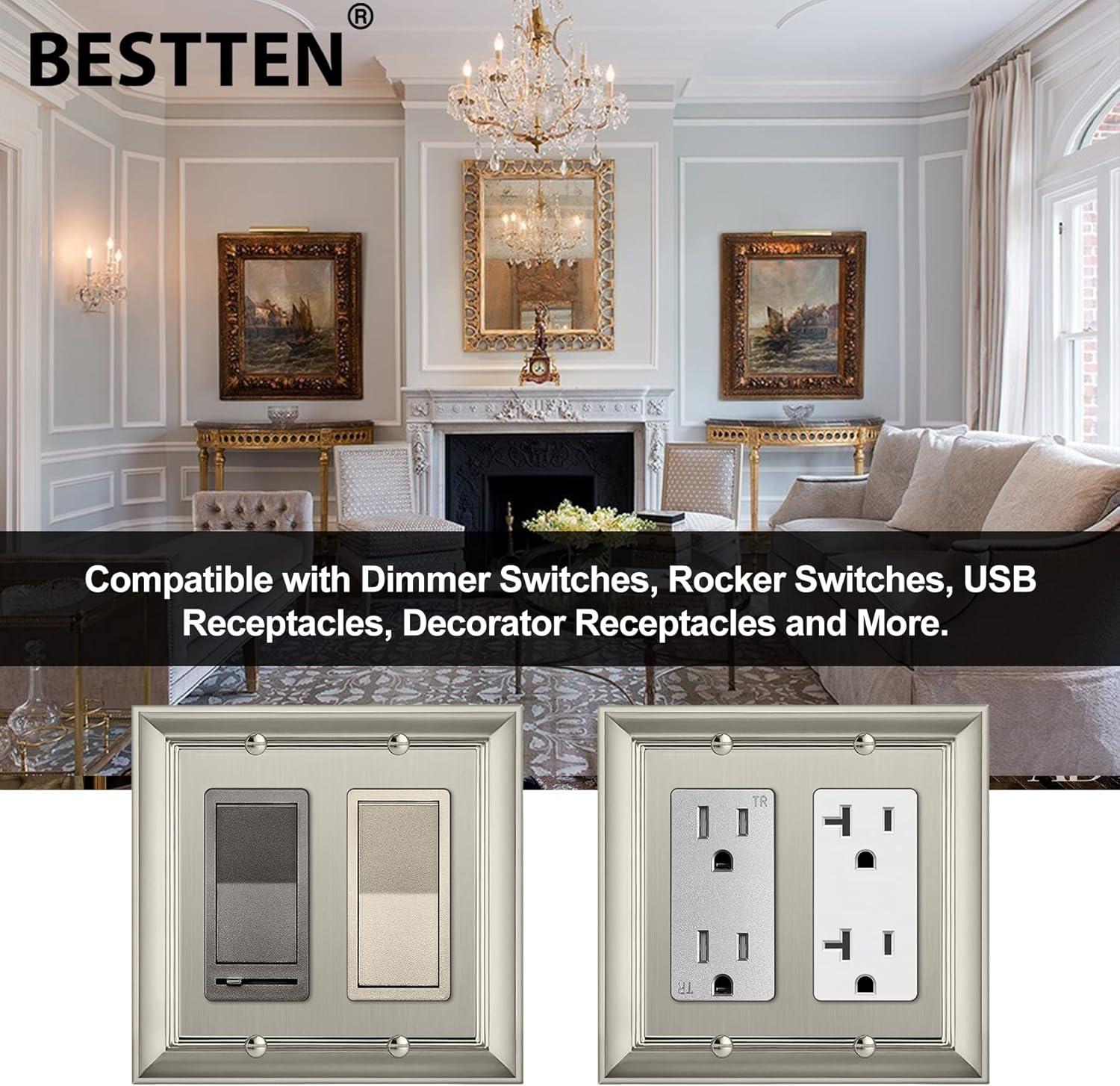 imageBESTTEN 4 Gang Zinc Alloy Aged Brass Metal Decor Wall Plate Grand Collection Decorator Antique Brass Outlet Cover for Switch or Receptacle Durable Corrosion ResistantSatin Nickel