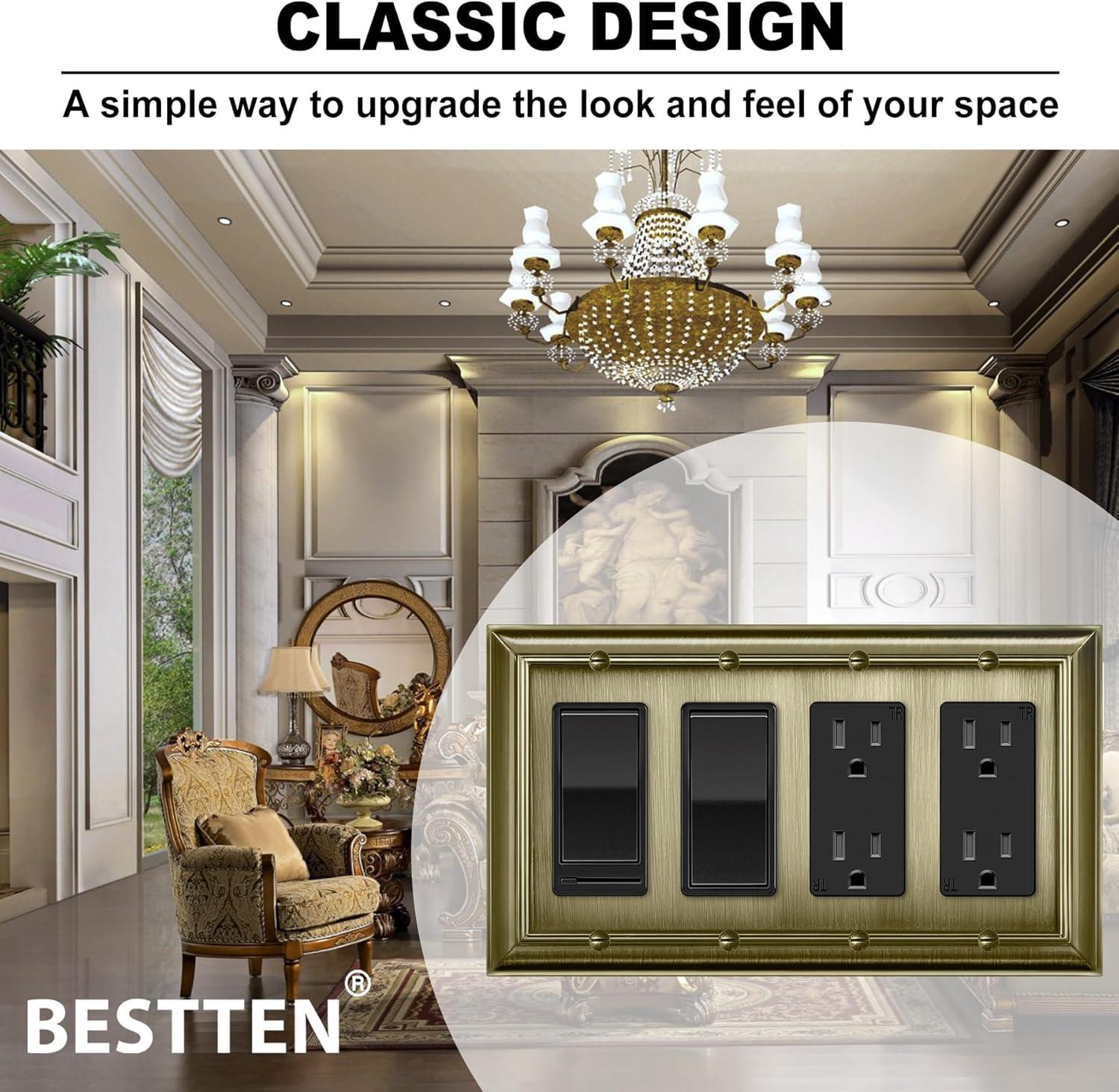 imageBESTTEN 4 Gang Zinc Alloy Aged Brass Metal Decor Wall Plate Grand Collection Decorator Antique Brass Outlet Cover for Switch or Receptacle Durable Corrosion ResistantAntique Brass