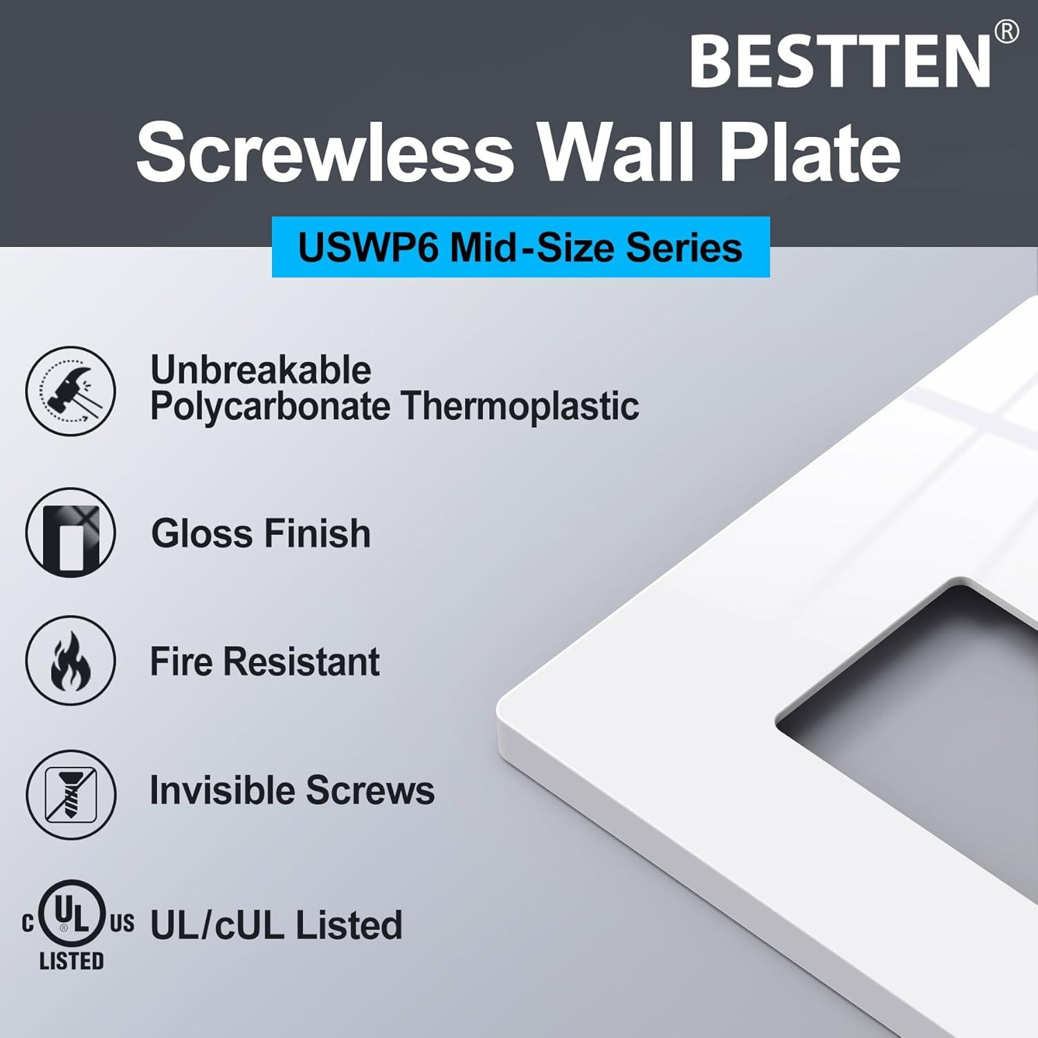 imageBESTTEN 5 Pack 2Gang Black Screwless Wall Plate Decor Outlet Cover Decorative Switch Cover Unbreakable Polycarbonate Switch Plate H469quot x W291quot GlossMid Size Gloss Snow White