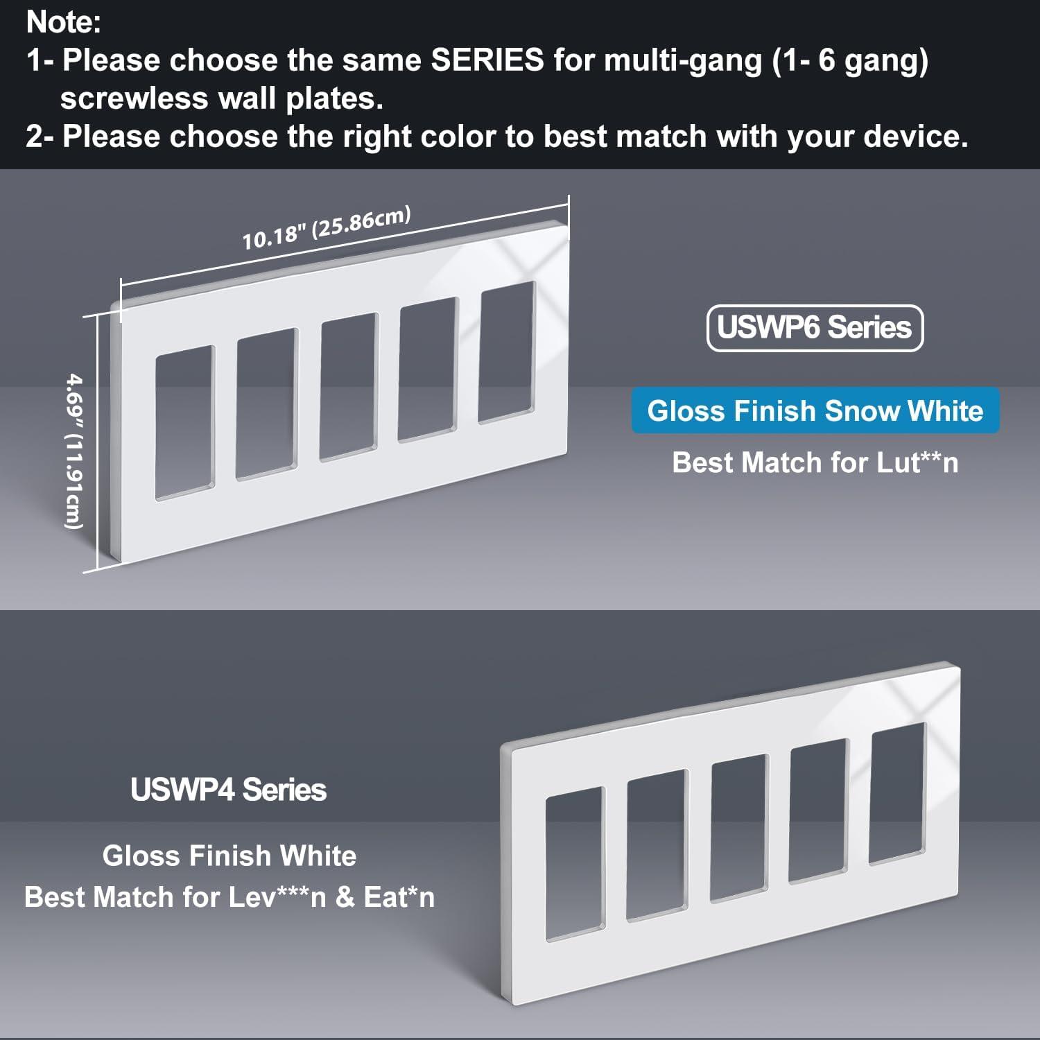 imageBESTTEN 5 Pack 2Gang Black Screwless Wall Plate Decor Outlet Cover Decorative Switch Cover Unbreakable Polycarbonate Switch Plate H469quot x W291quot GlossStandard Size Gloss Snow White