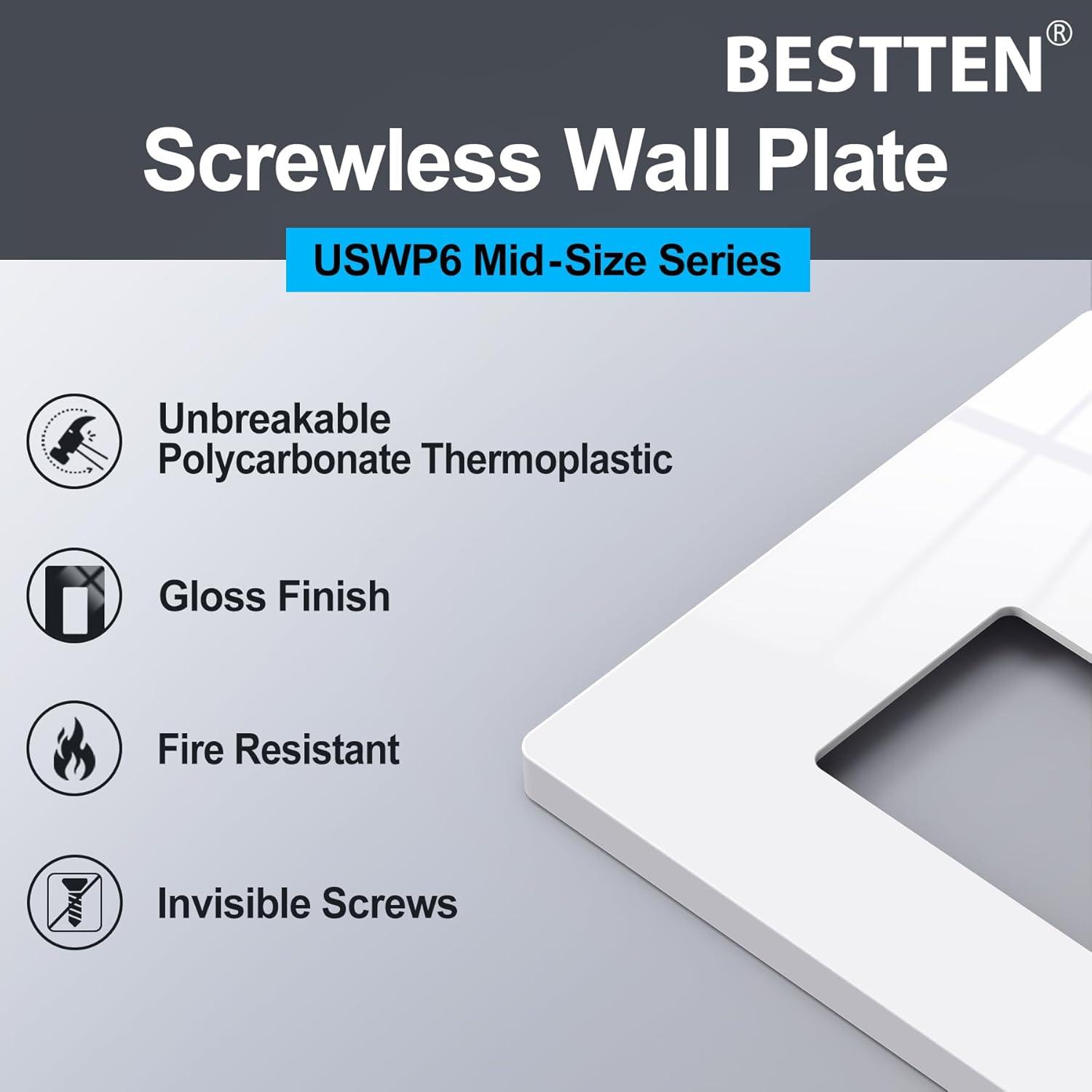 imageBESTTEN 5 Pack 2Gang Black Screwless Wall Plate Decor Outlet Cover Decorative Switch Cover Unbreakable Polycarbonate Switch Plate H469quot x W291quot GlossMid Size Gloss Snow White