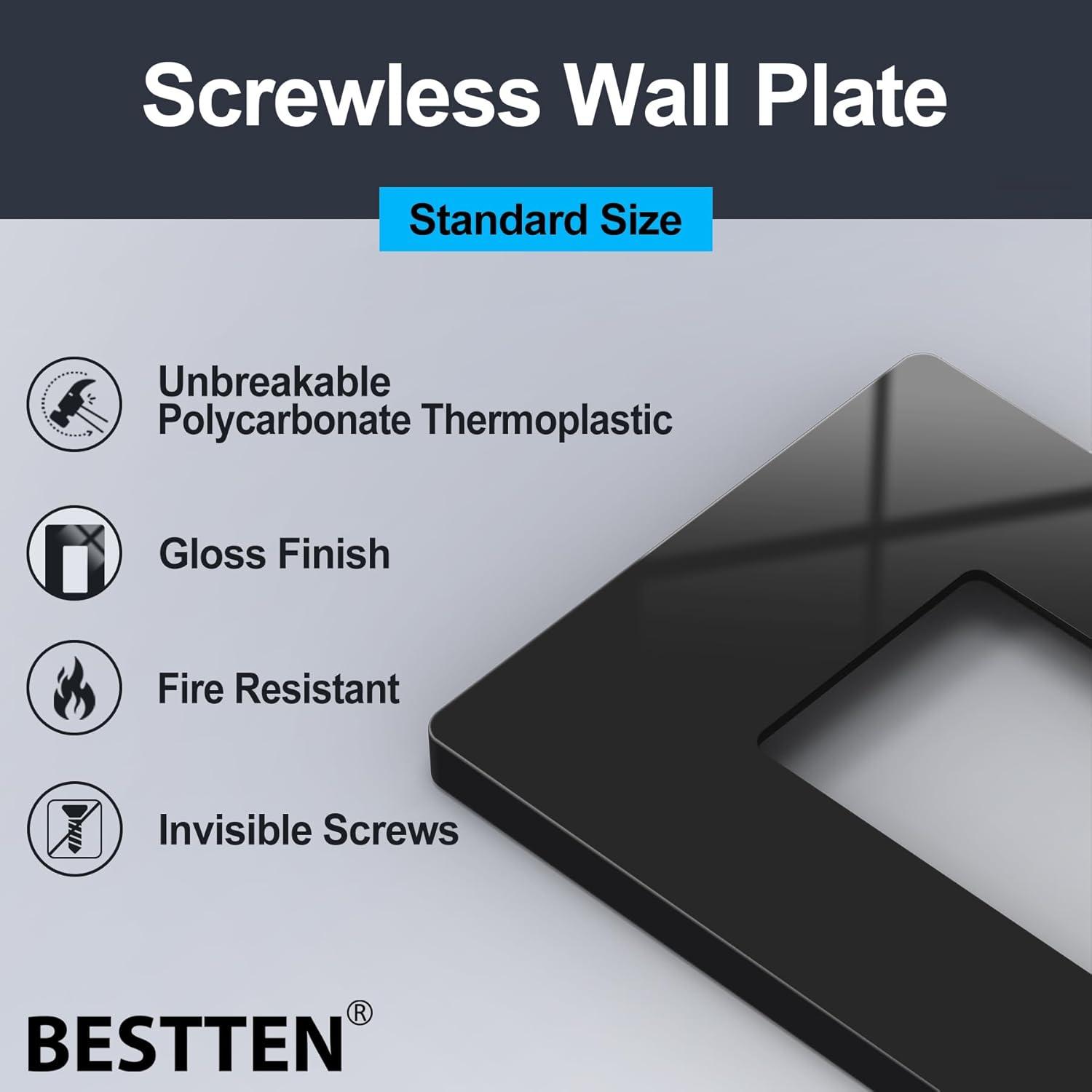 imageBESTTEN 5 Pack 2Gang Black Screwless Wall Plate Decor Outlet Cover Decorative Switch Cover Unbreakable Polycarbonate Switch Plate H469quot x W291quot GlossStandard Size Gloss Black