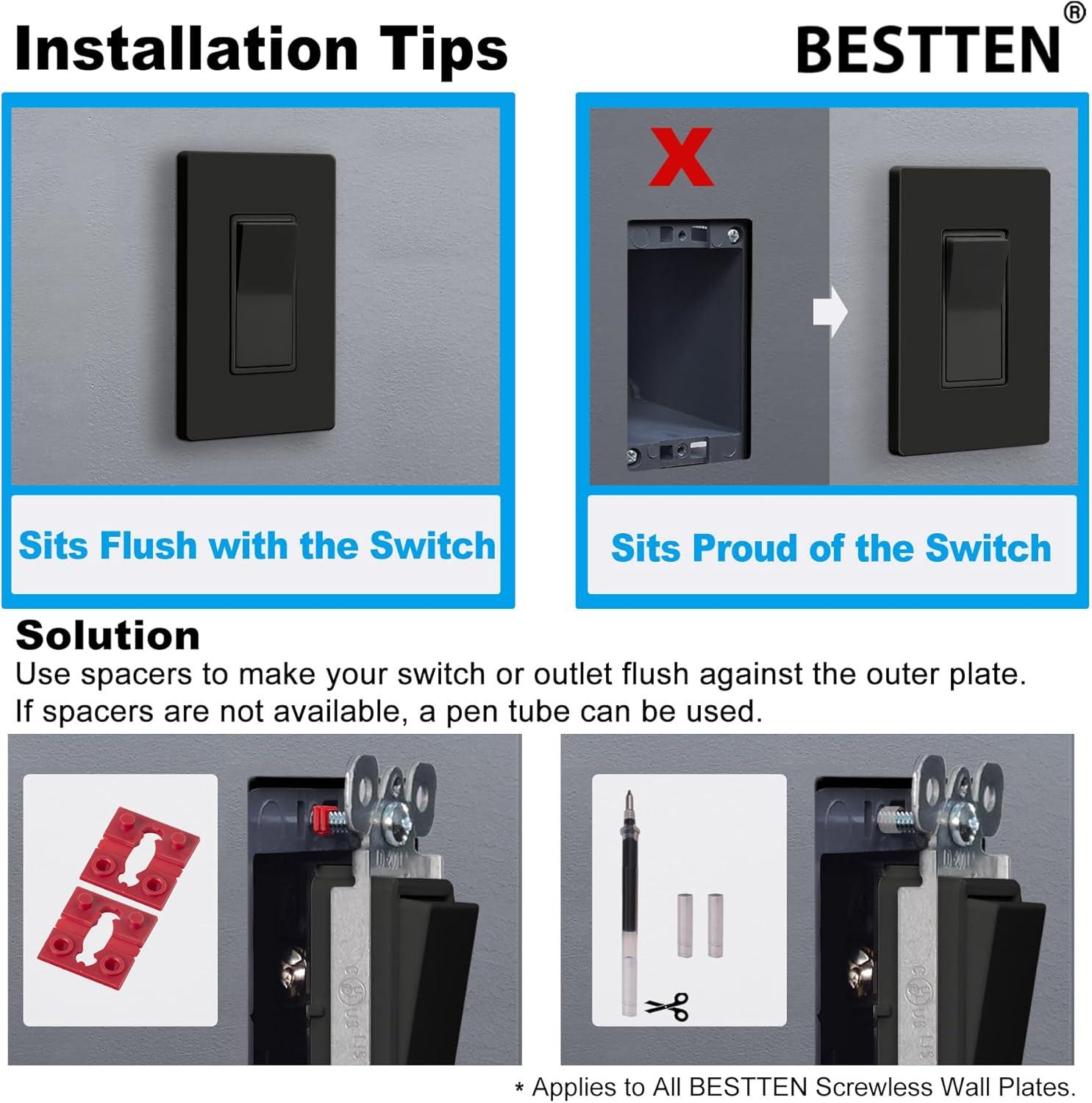 imageBESTTEN 5 Pack 2Gang Black Screwless Wall Plate Decor Outlet Cover Decorative Switch Cover Unbreakable Polycarbonate Switch Plate H469quot x W291quot GlossStandard Size Gloss Black