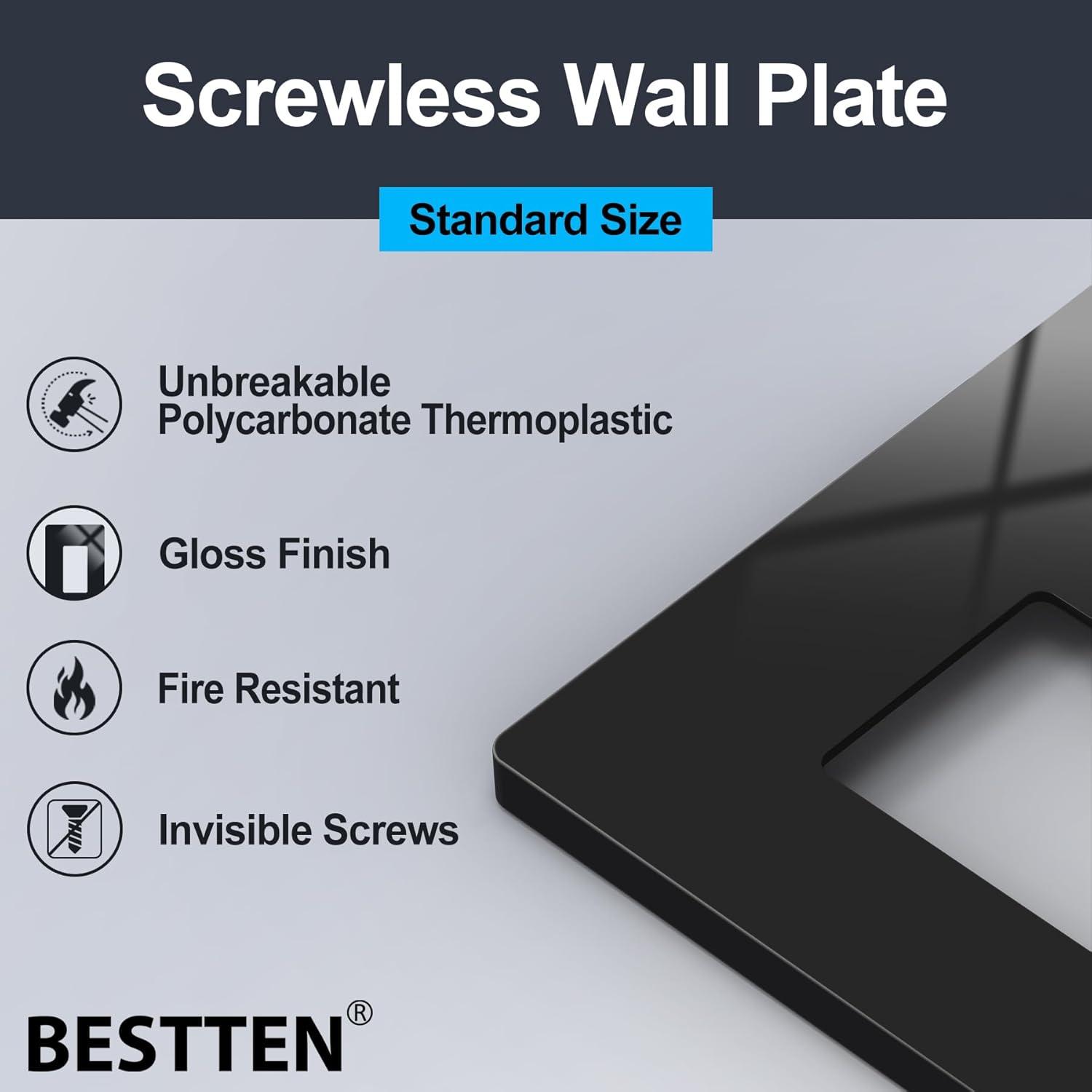 imageBESTTEN 5 Pack 2Gang Black Screwless Wall Plate Decor Outlet Cover Decorative Switch Cover Unbreakable Polycarbonate Switch Plate H469quot x W291quot GlossStandard Size Gloss Black