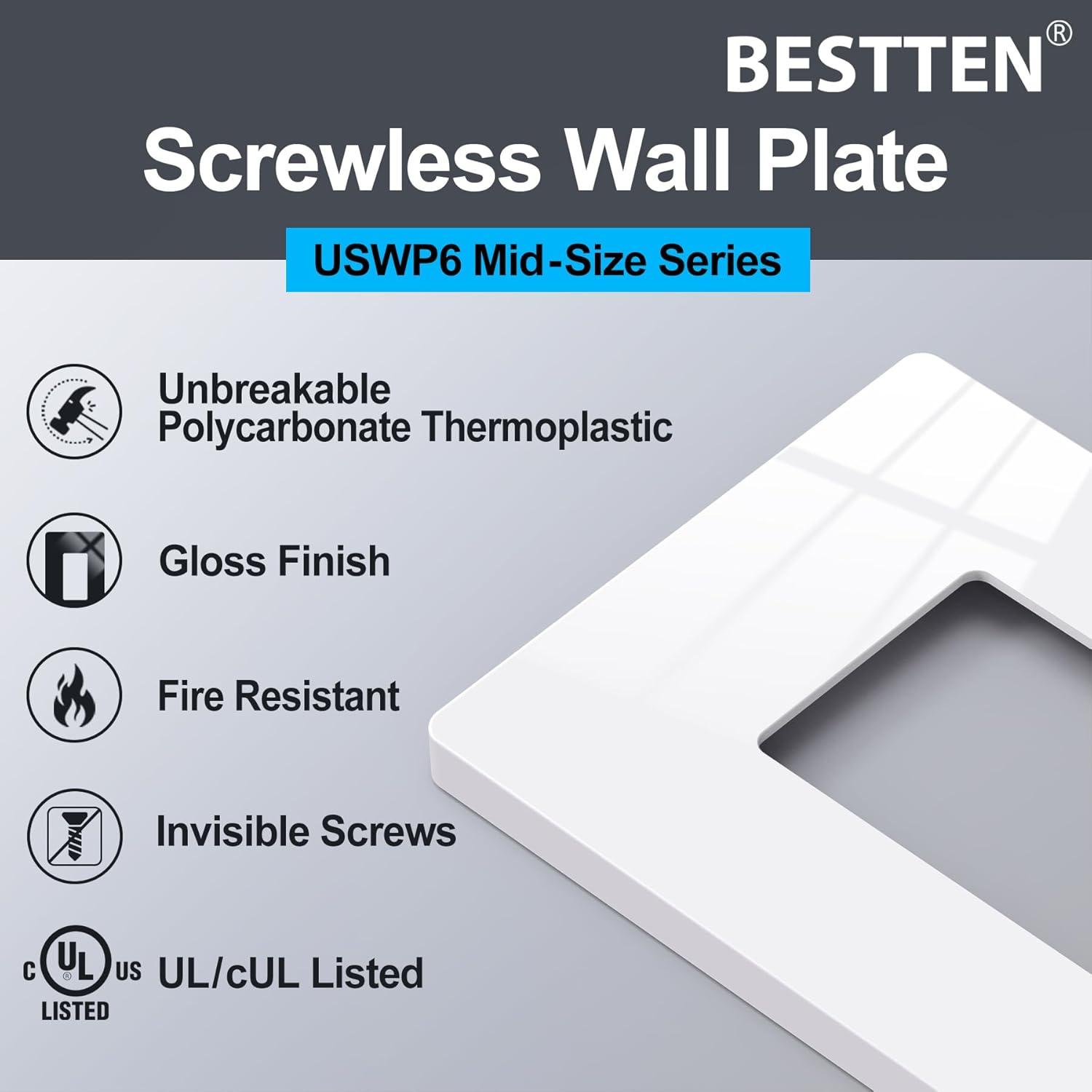 imageBESTTEN 5 Pack 2Gang Black Screwless Wall Plate Decor Outlet Cover Decorative Switch Cover Unbreakable Polycarbonate Switch Plate H469quot x W291quot GlossMid Size Gloss Snow White