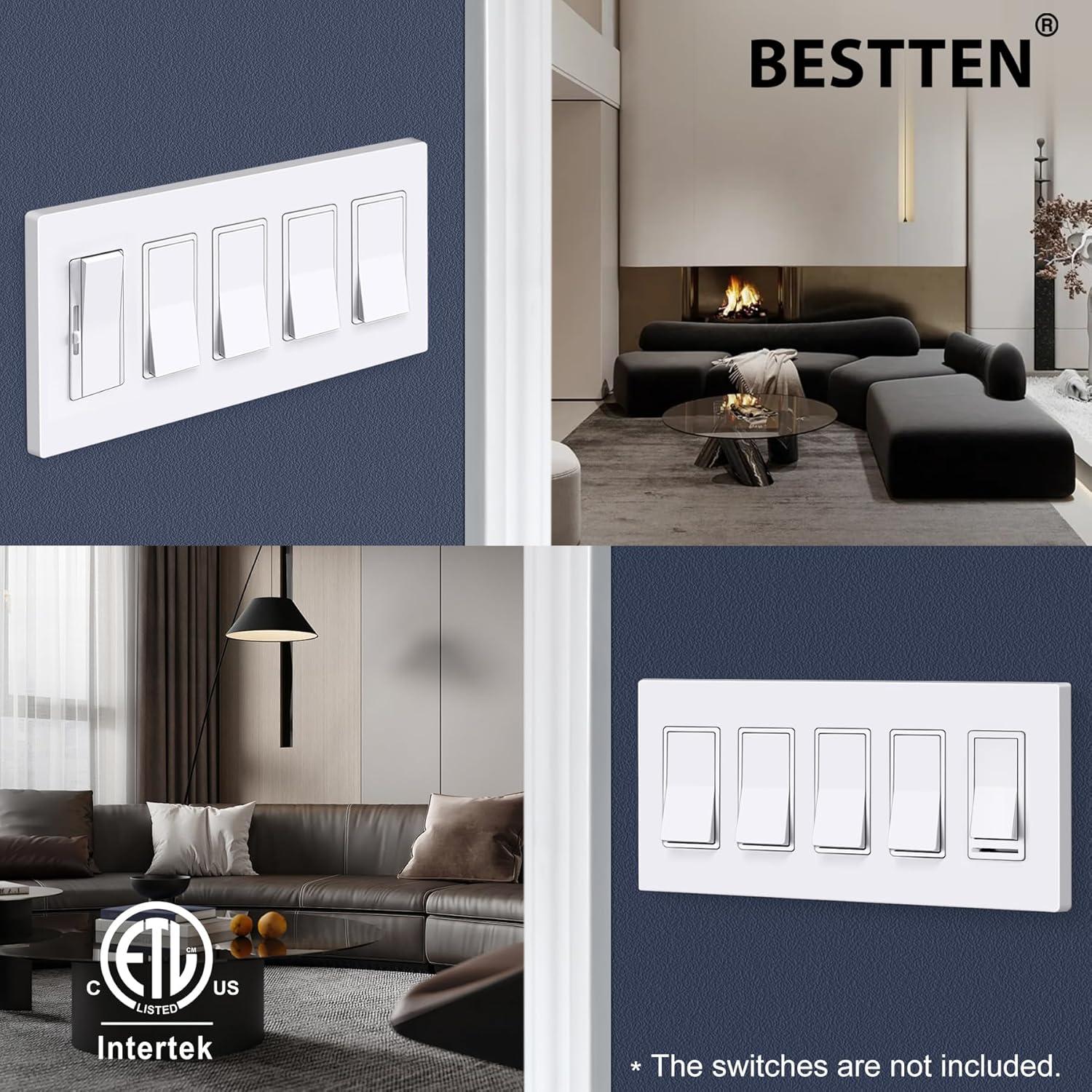 imageBESTTEN 5 Pack 2Gang Black Screwless Wall Plate Decor Outlet Cover Decorative Switch Cover Unbreakable Polycarbonate Switch Plate H469quot x W291quot GlossStandard Size Gloss Snow White
