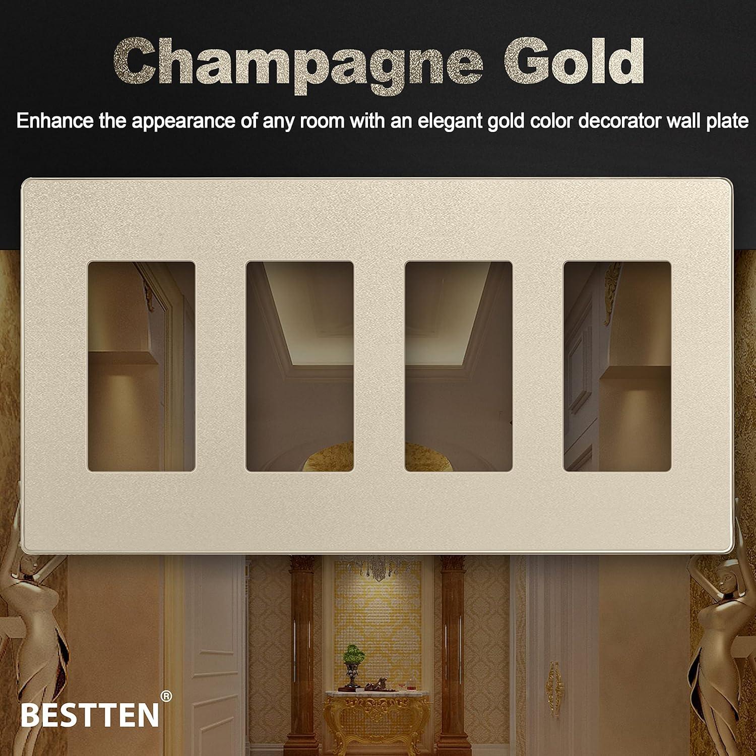 imageBESTTEN 5 Pack 3 Gang Brown Screwless Wall Plate Decorator Outlet Cover Switch Plate Signature Collection USWP8 Series H469 x W654Champagne Gold