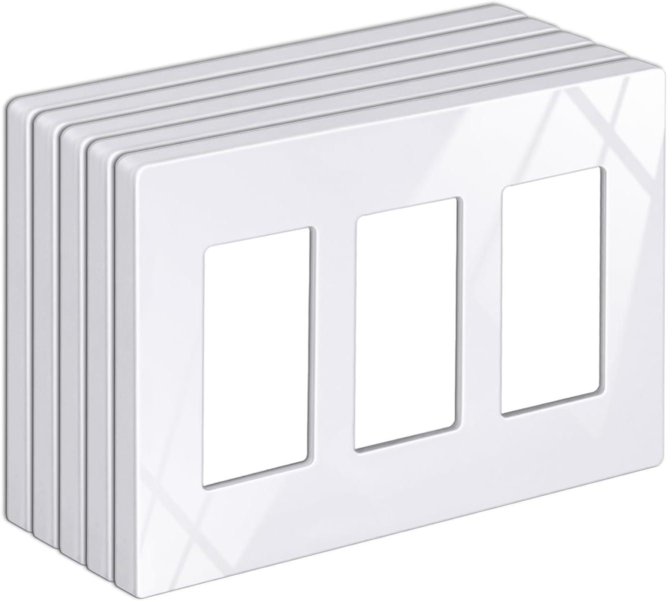 imageBESTTEN 5 Pack 3 Gang Brown Screwless Wall Plate Decorator Outlet Cover Switch Plate Signature Collection USWP8 Series H469 x W654Gloss Snow White