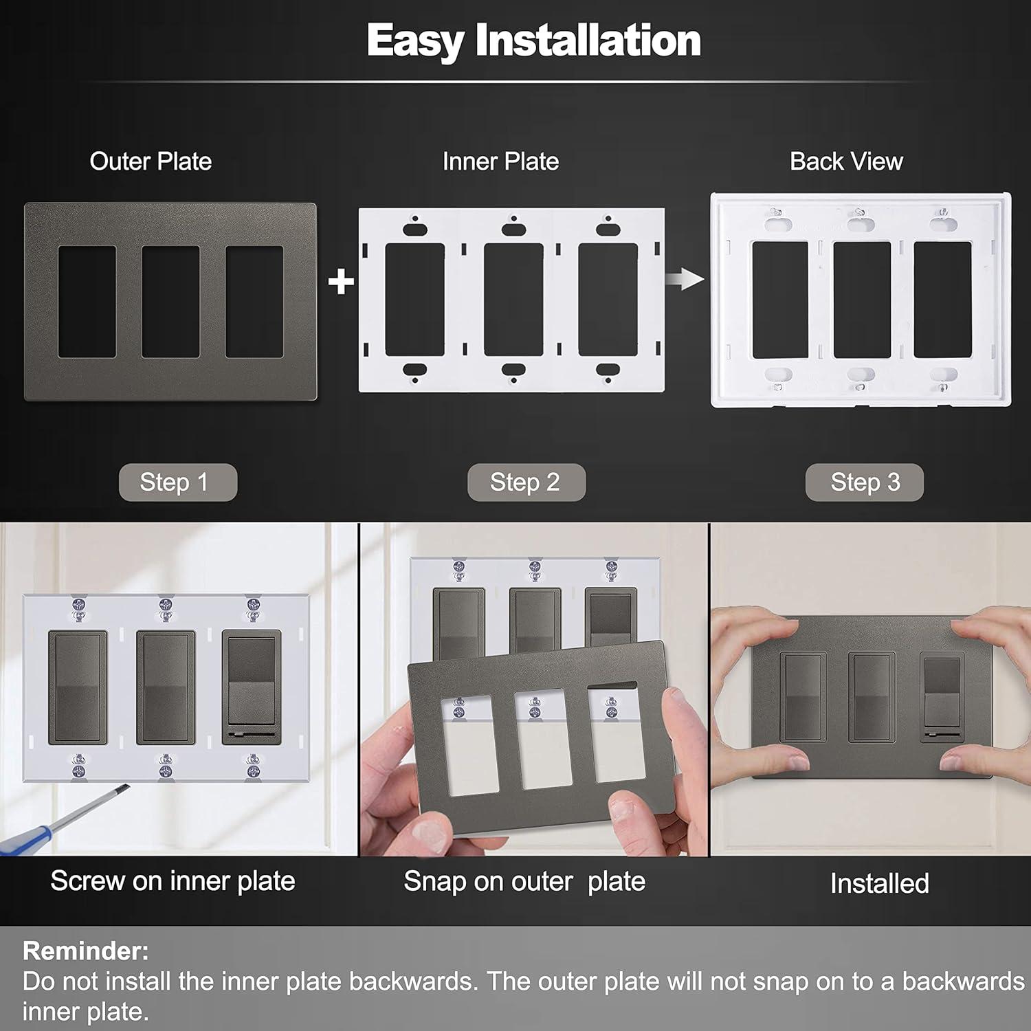 imageBESTTEN 5 Pack 3 Gang Brown Screwless Wall Plate Decorator Outlet Cover Switch Plate Signature Collection USWP8 Series H469 x W654Matte Brown
