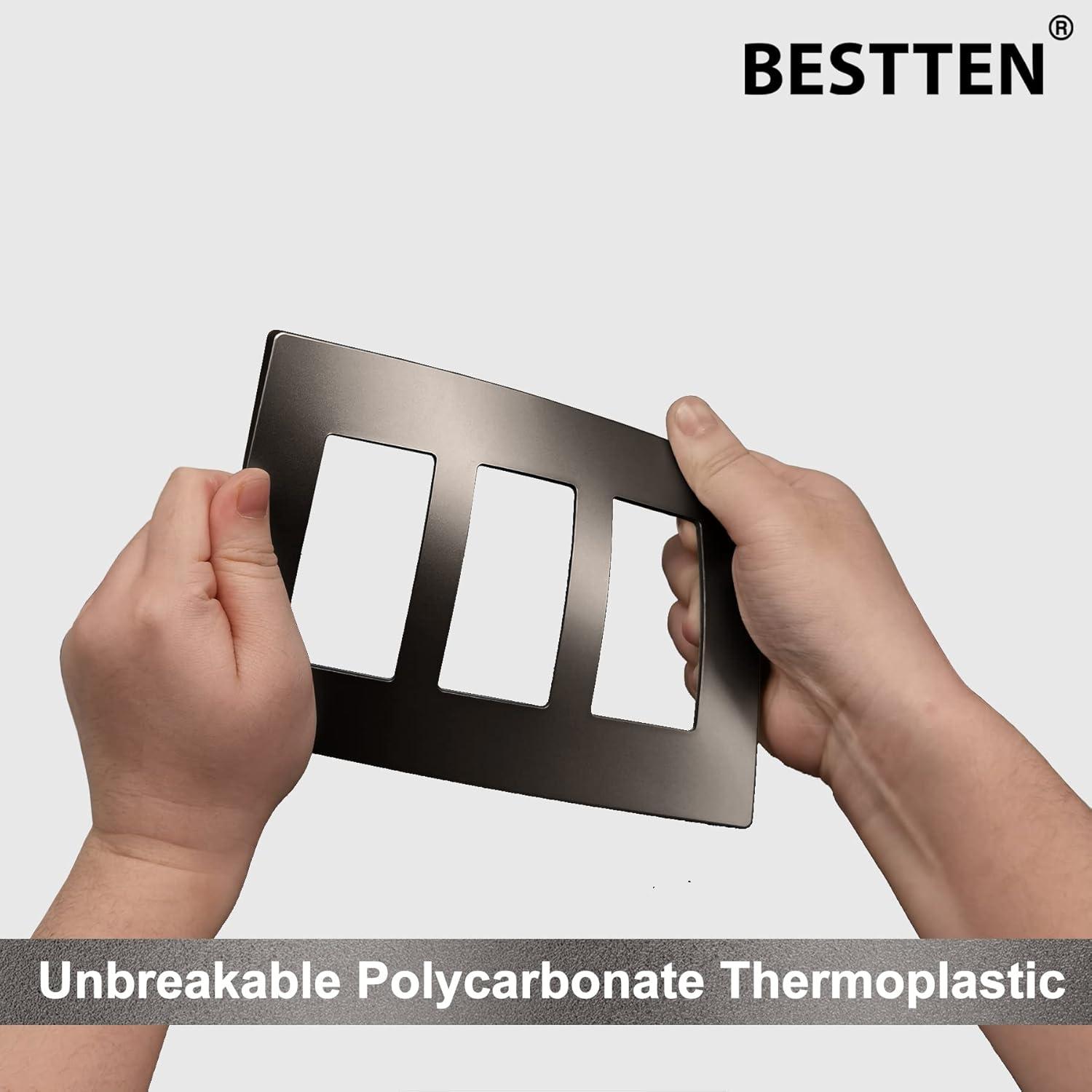 imageBESTTEN 5 Pack 3 Gang Brown Screwless Wall Plate Decorator Outlet Cover Switch Plate Signature Collection USWP8 Series H469 x W654Matte Brown