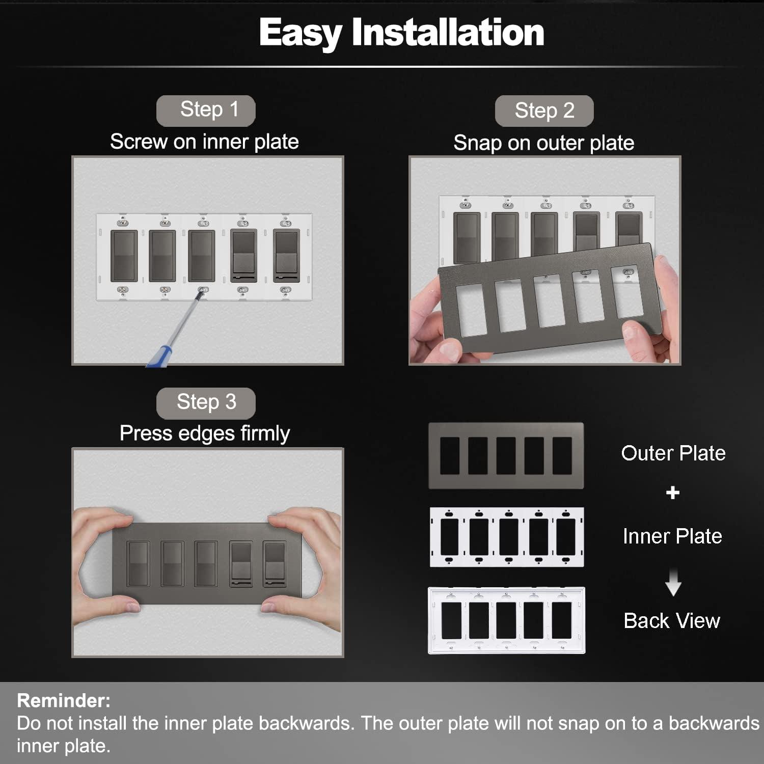 imageBESTTEN 5 Pack 3 Gang Brown Screwless Wall Plate Decorator Outlet Cover Switch Plate Signature Collection USWP8 Series H469 x W654Matte Brown