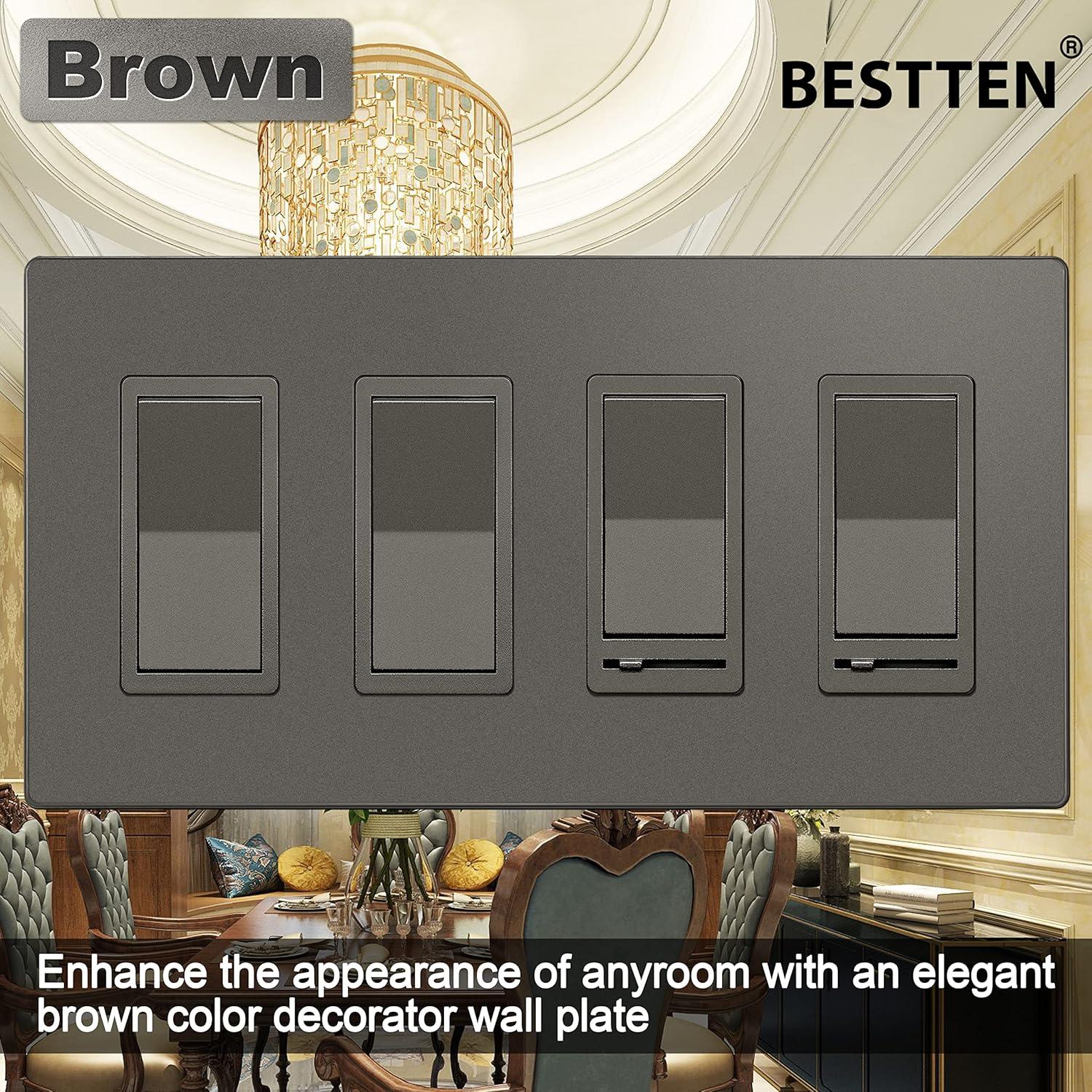 imageBESTTEN 5 Pack 3 Gang Brown Screwless Wall Plate Decorator Outlet Cover Switch Plate Signature Collection USWP8 Series H469 x W654Matte Brown