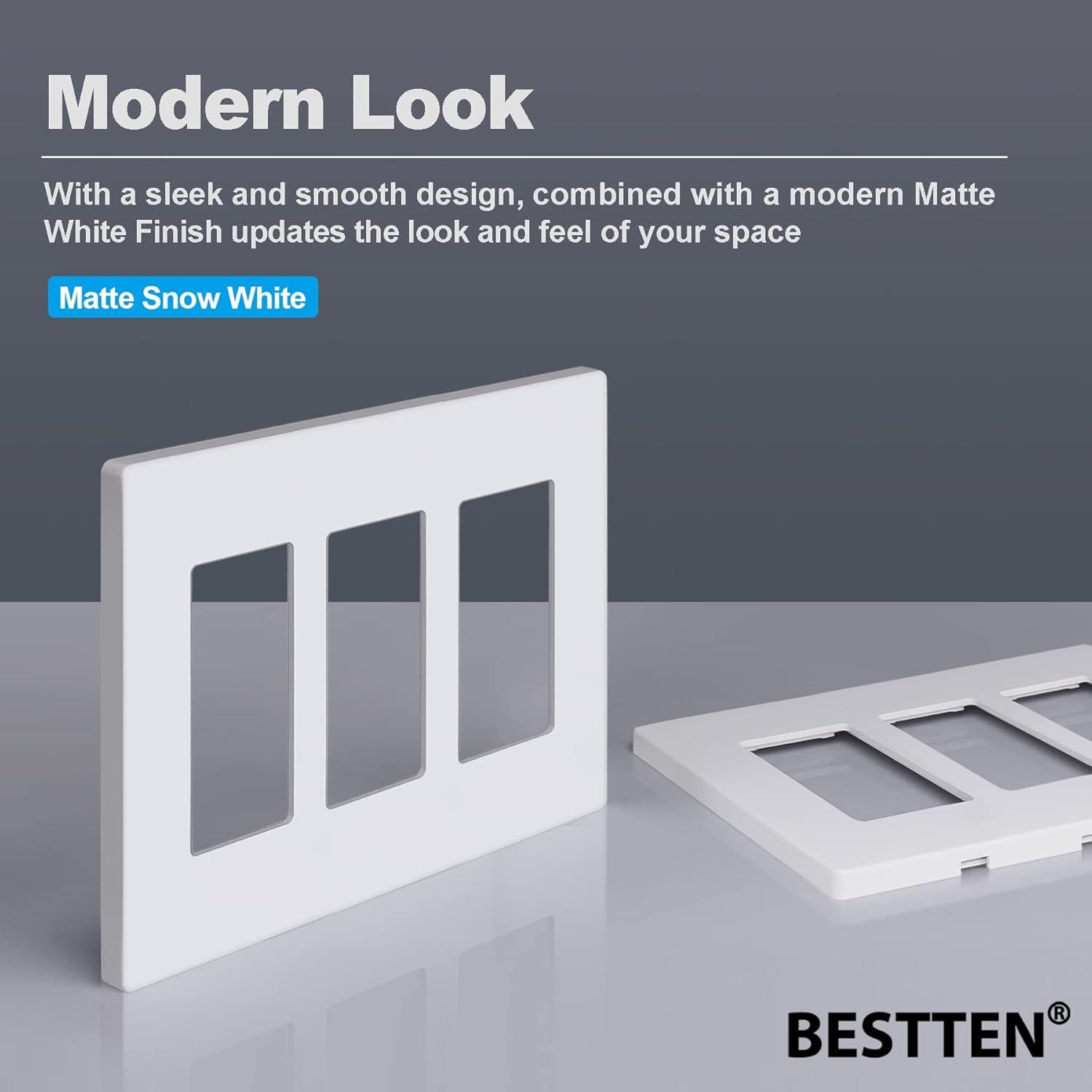 imageBESTTEN 5 Pack 3 Gang Brown Screwless Wall Plate Decorator Outlet Cover Switch Plate Signature Collection USWP8 Series H469 x W654Matte Snow White