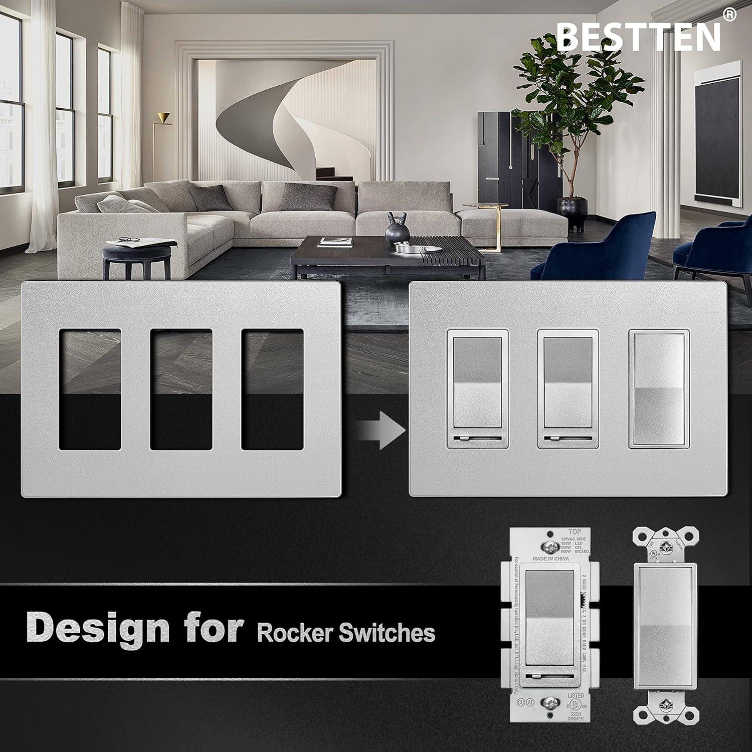 imageBESTTEN 5 Pack 3 Gang Brown Screwless Wall Plate Decorator Outlet Cover Switch Plate Signature Collection USWP8 Series H469 x W654Silver