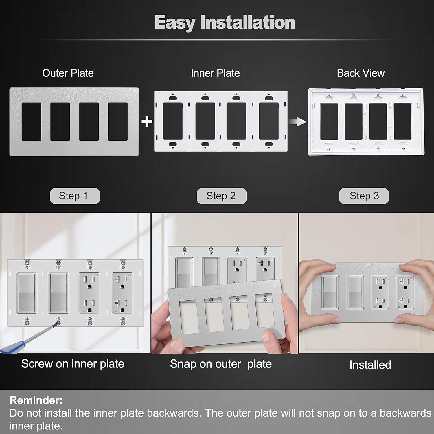 imageBESTTEN 5 Pack 3 Gang Brown Screwless Wall Plate Decorator Outlet Cover Switch Plate Signature Collection USWP8 Series H469 x W654Silver