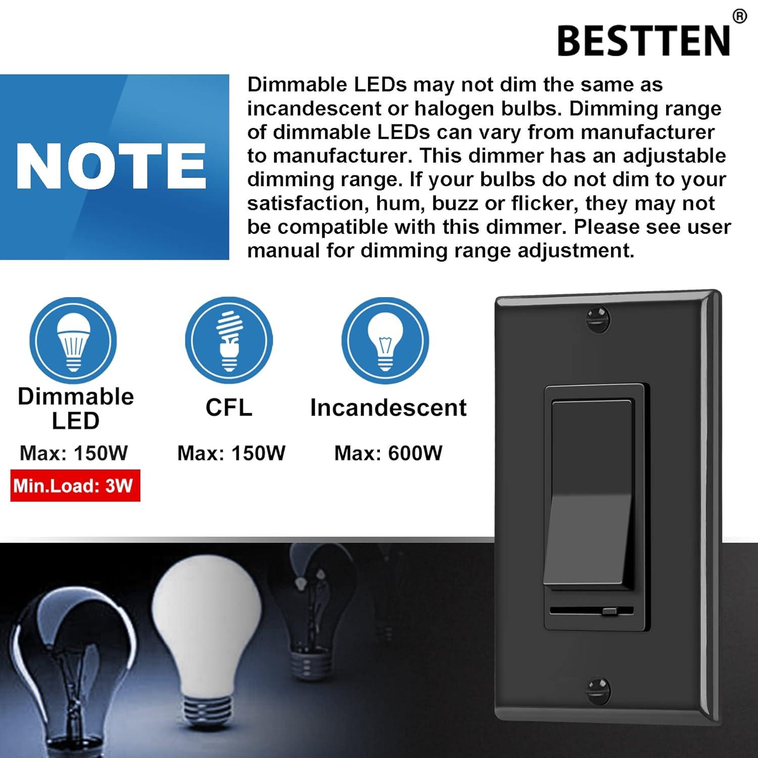 imageBESTTEN 6 Pack Dimmer Light Switch LED Dimmer Switch SinglePole or 3Way for Dimmable LED Halogen and Incandescent Bulbs 120V Wall Plate Included UL Listed WhiteBlack
