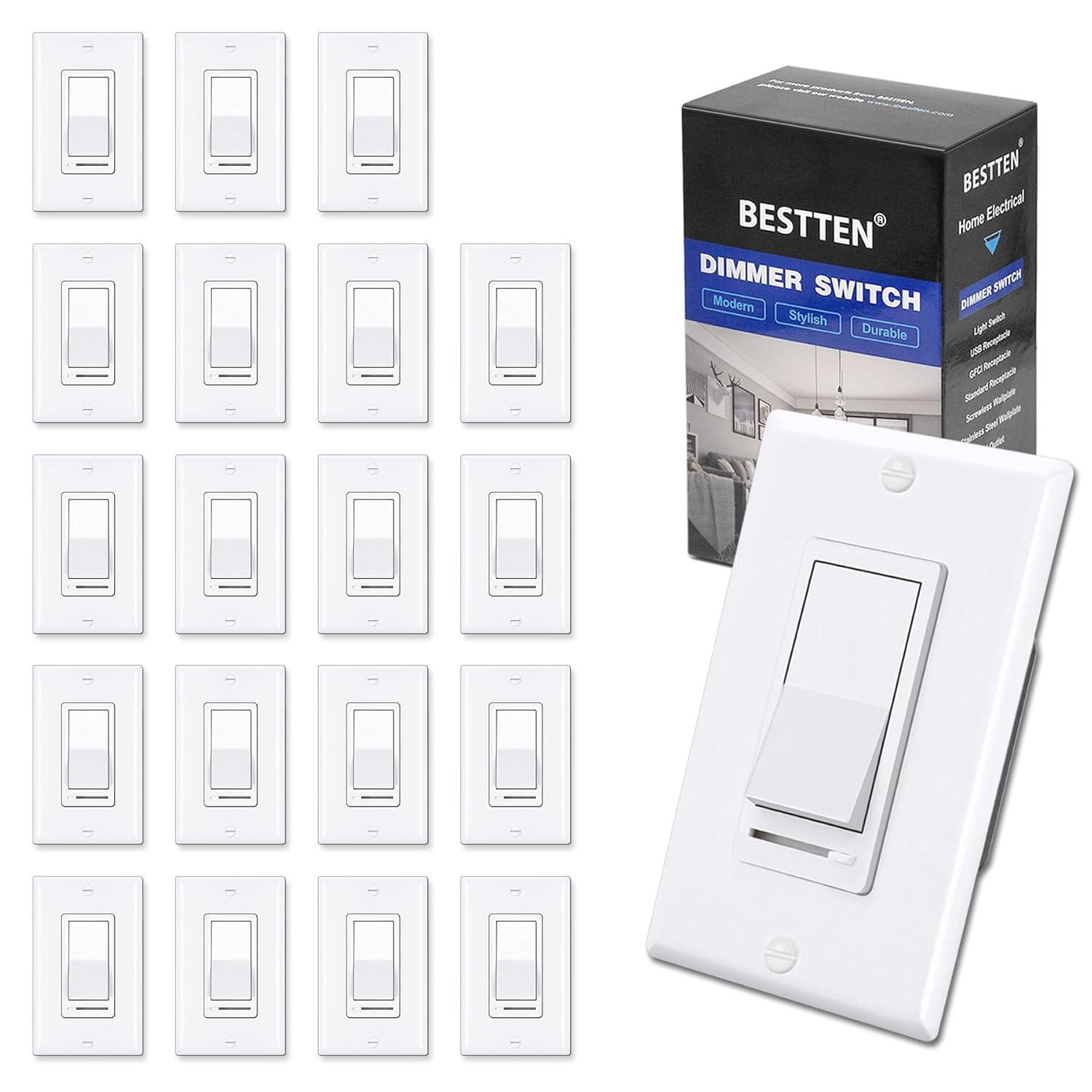 imageBESTTEN 6 Pack Dimmer Light Switch LED Dimmer Switch SinglePole or 3Way for Dimmable LED Halogen and Incandescent Bulbs 120V Wall Plate Included UL Listed WhiteWhite