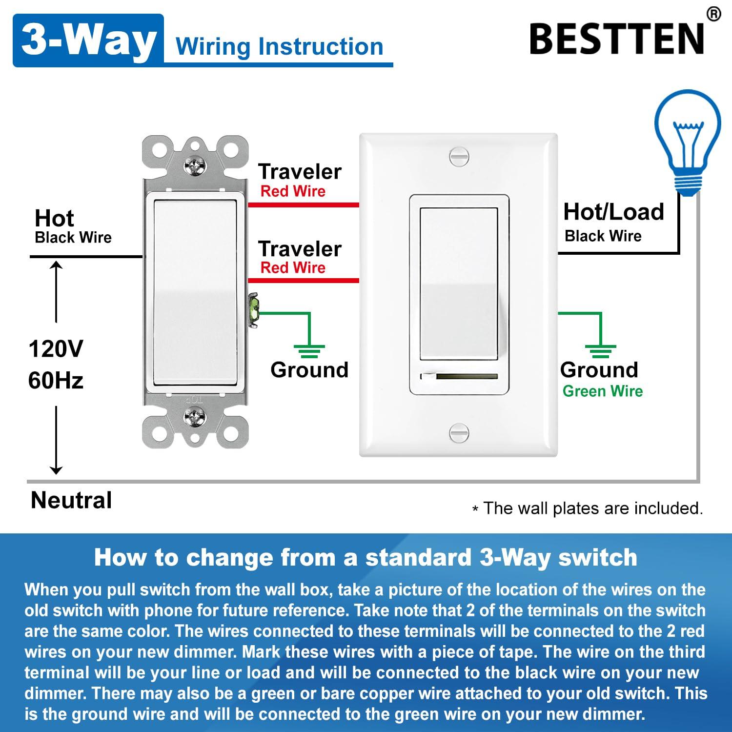 imageBESTTEN 6 Pack Dimmer Wall Light Switch Compatible with Dimmable LED CFL Incandescent and Halogen Bulb Single Pole or 3Way Dimmer Switches 120VAC Decorator Wall Plate Included BlackWhite