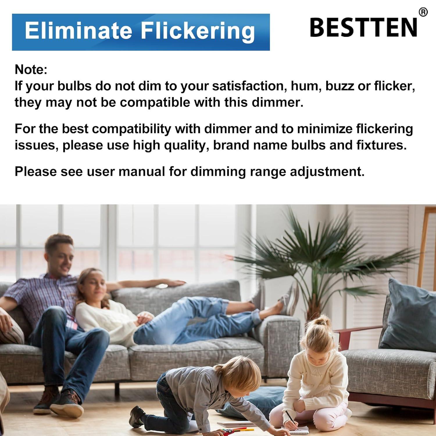 imageBESTTEN 6 Pack Dimmer Wall Light Switch Compatible with Dimmable LED CFL Incandescent and Halogen Bulb Single Pole or 3Way Dimmer Switches 120VAC Decorator Wall Plate Included BlackWhite