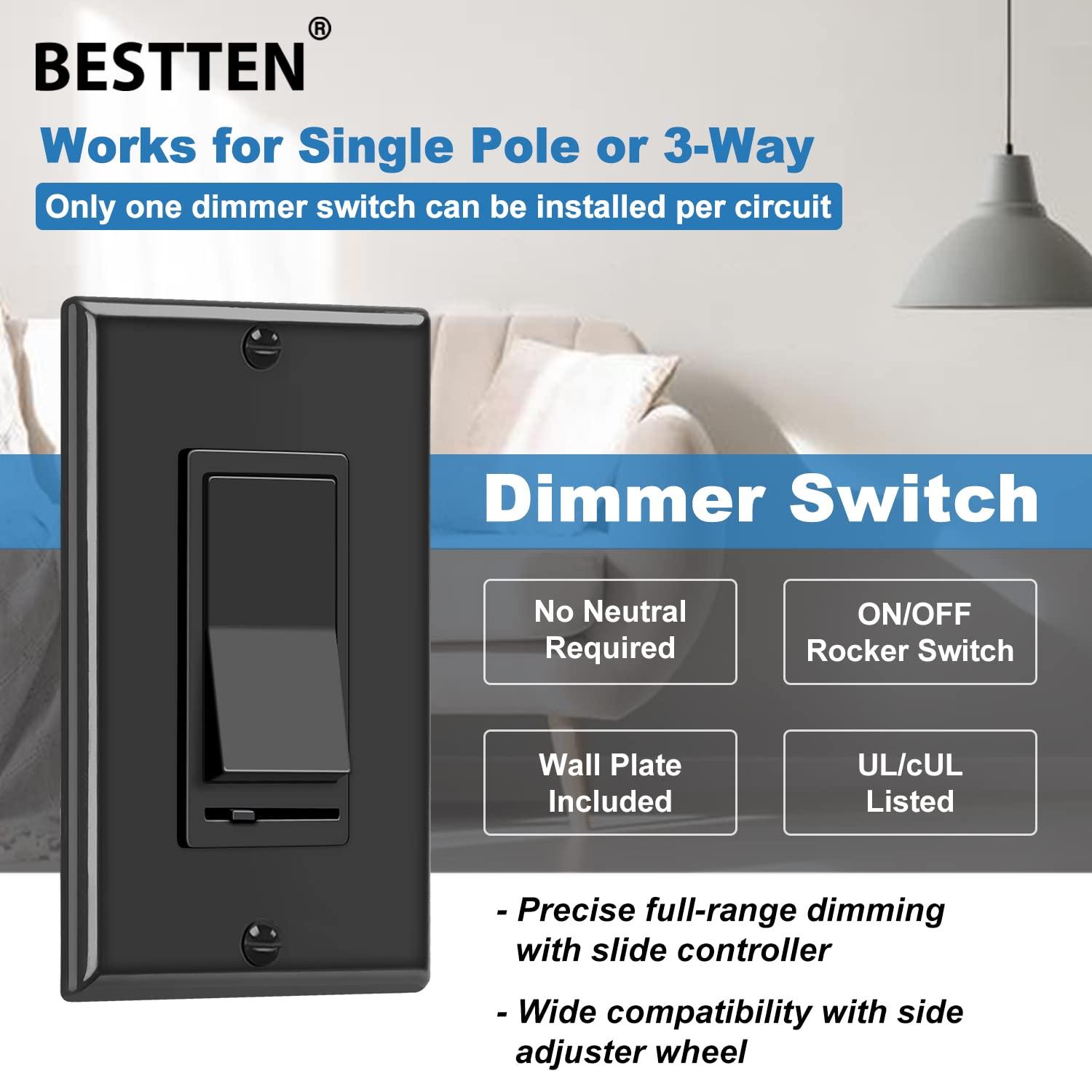 imageBESTTEN 6 Pack Dimmer Wall Light Switch Compatible with Dimmable LED CFL Incandescent and Halogen Bulb Single Pole or 3Way Dimmer Switches 120VAC Decorator Wall Plate Included BlackBlack