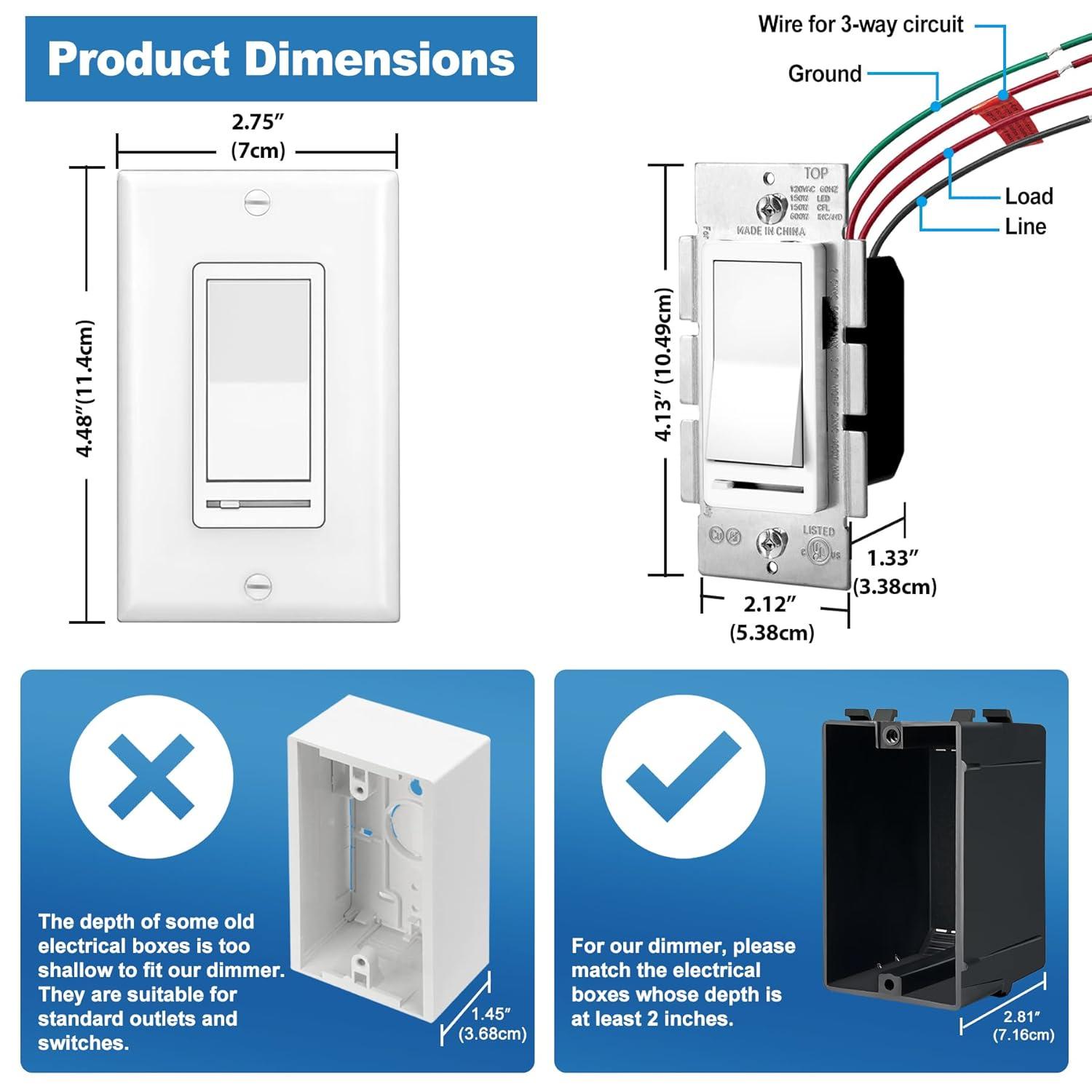 imageBESTTEN 6 Pack Dimmer Wall Light Switch Compatible with Dimmable LED CFL Incandescent and Halogen Bulb Single Pole or 3Way Dimmer Switches 120VAC Decorator Wall Plate Included BlackWhite